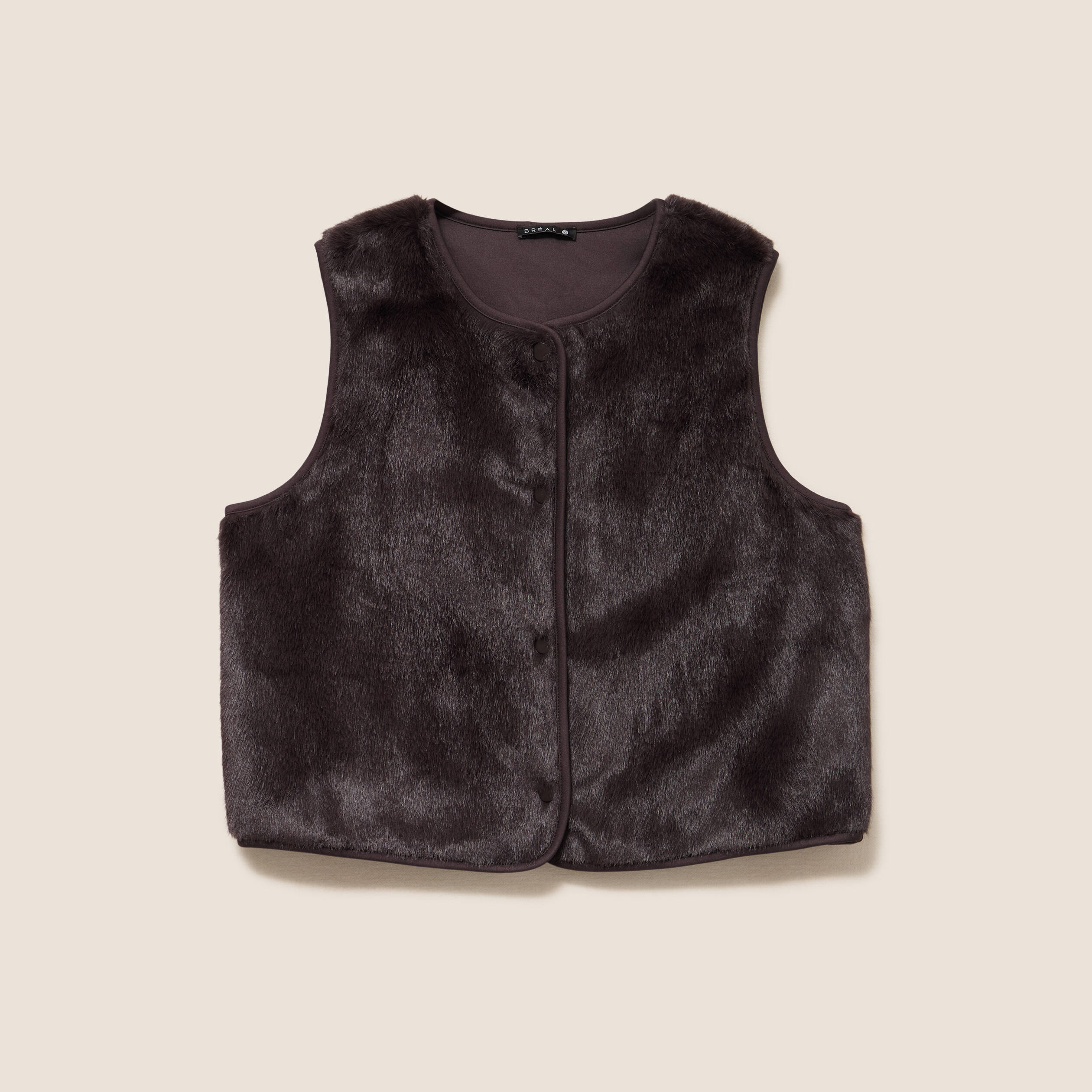 Gilet droit sans manches fausse fourrure marron fonc&eacute; femme