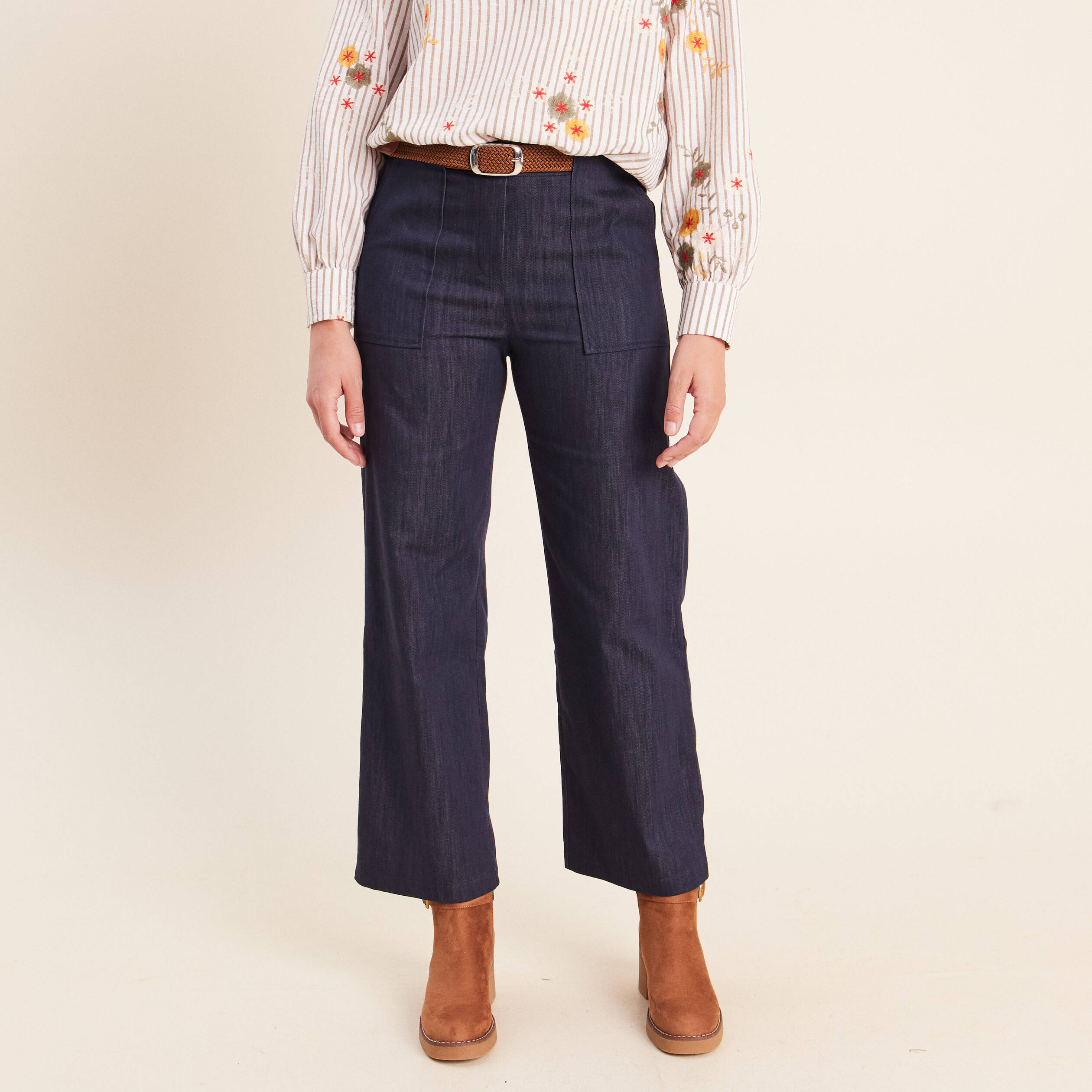 Jean cargo taille haute denim brut femme