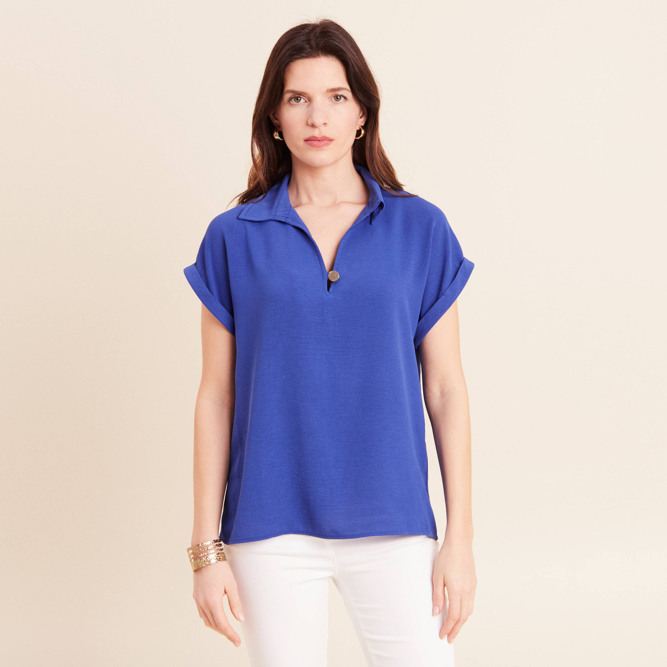 Blouse manches courtes bleu fonc&eacute; femme