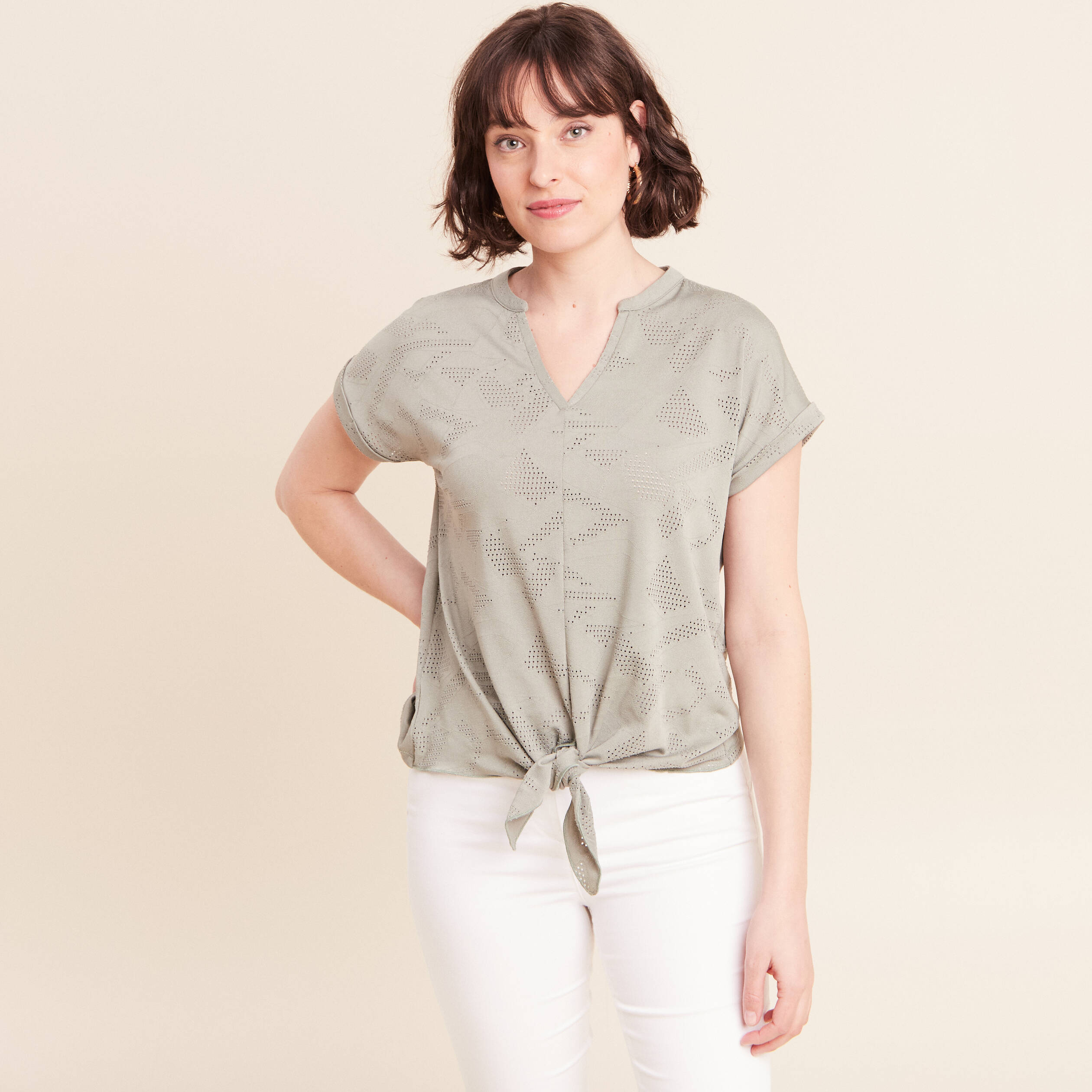 T-shirt col tunisien manches courtes vert clair femme