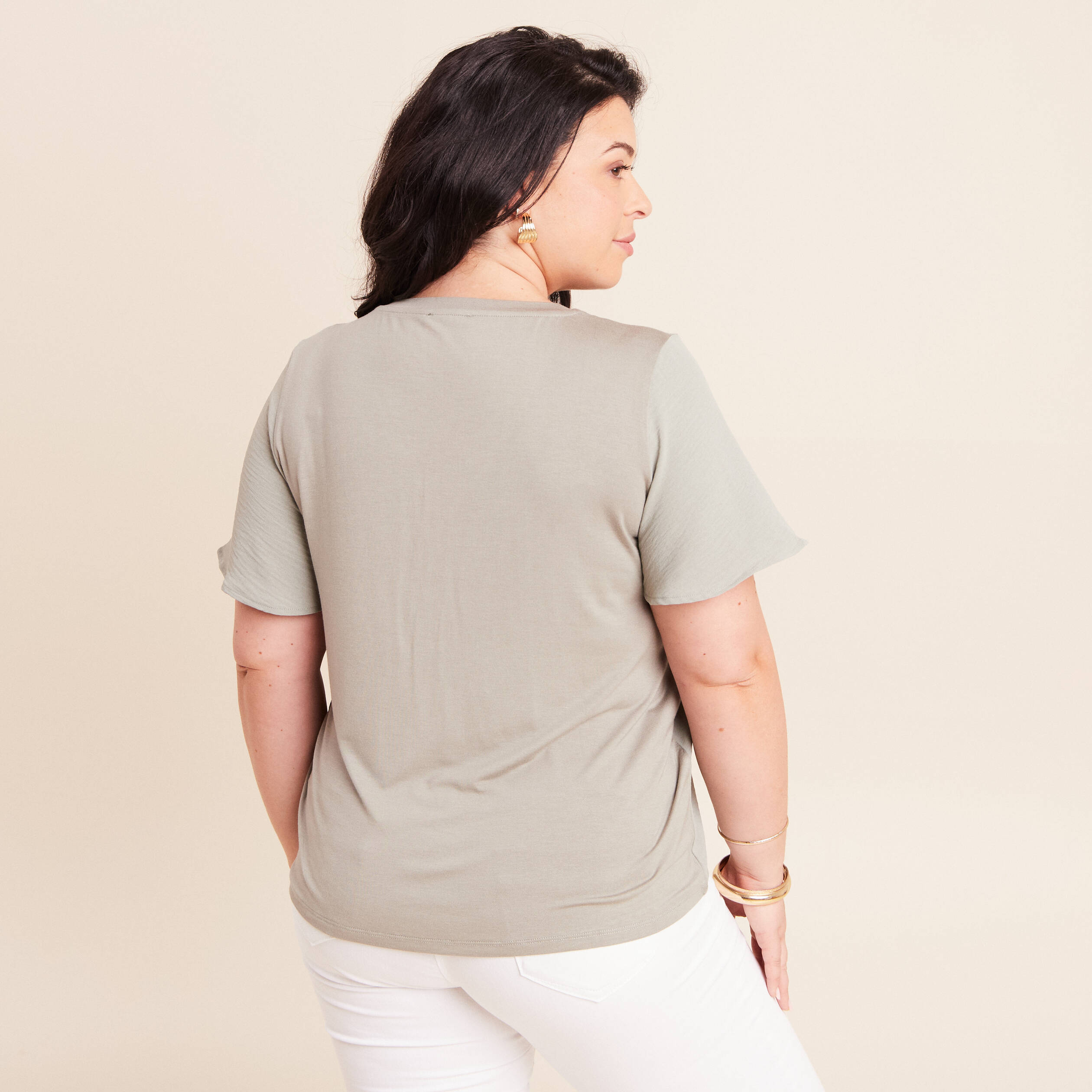 T-shirt bi-mati&egrave;re manches courtes vert clair femme