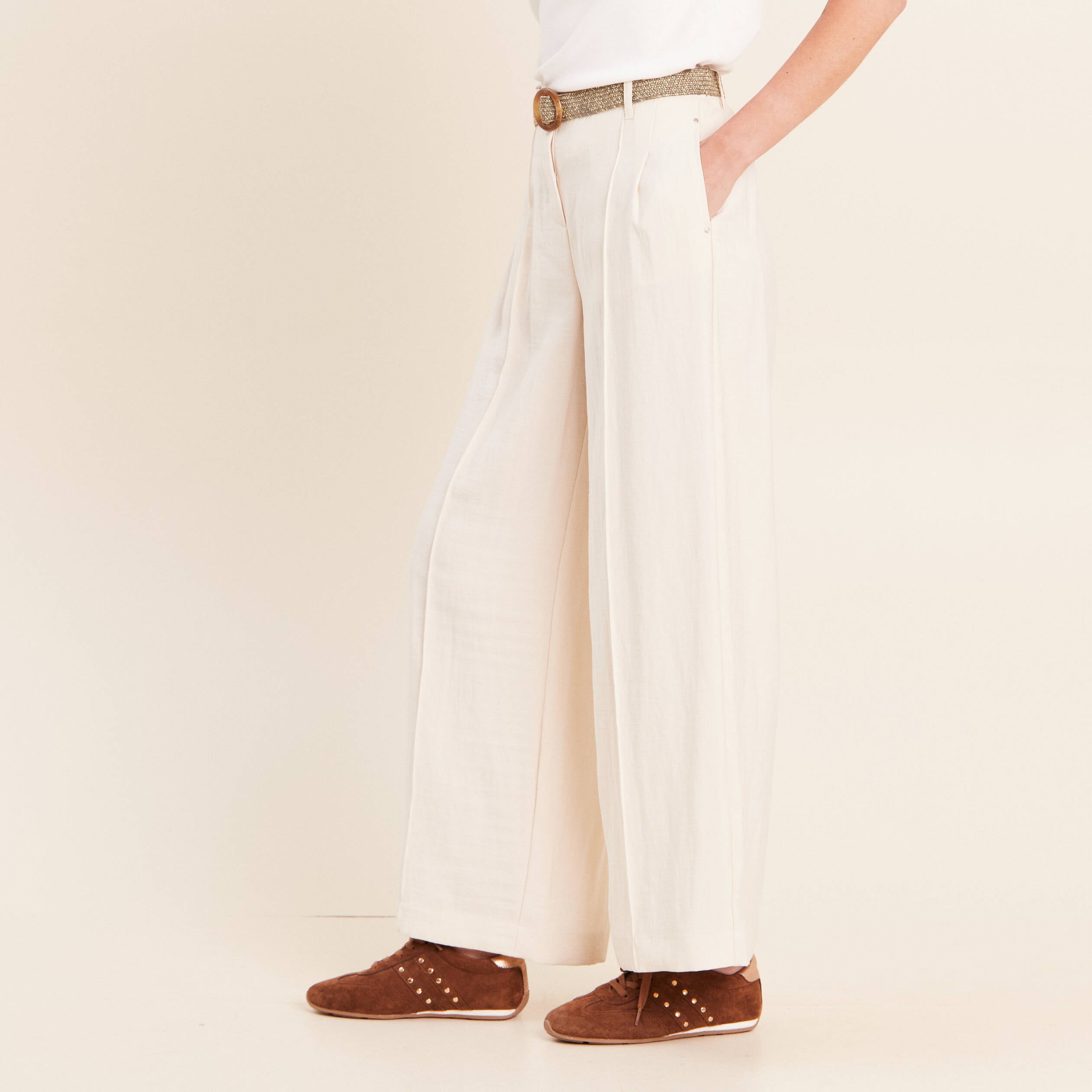 Pantalon large avec ceinture amovible ivoire femme
