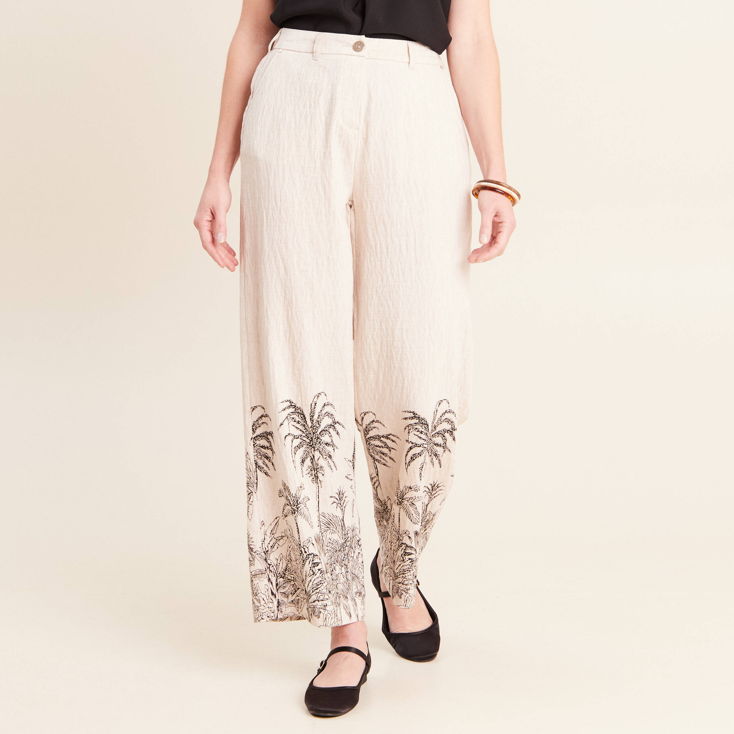 Pantalon large taille haute beige femme