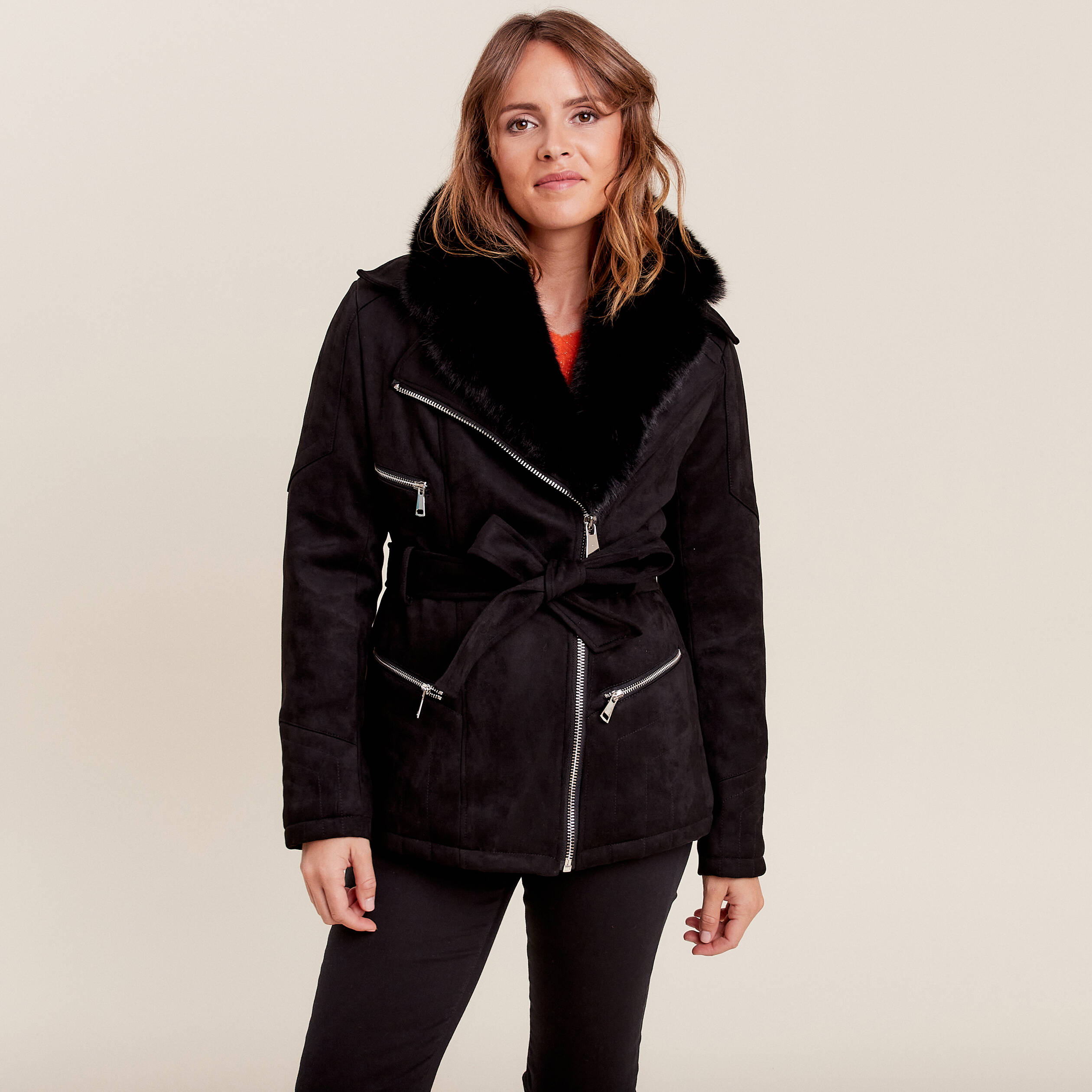 Manteau cintré suédine noir femme
