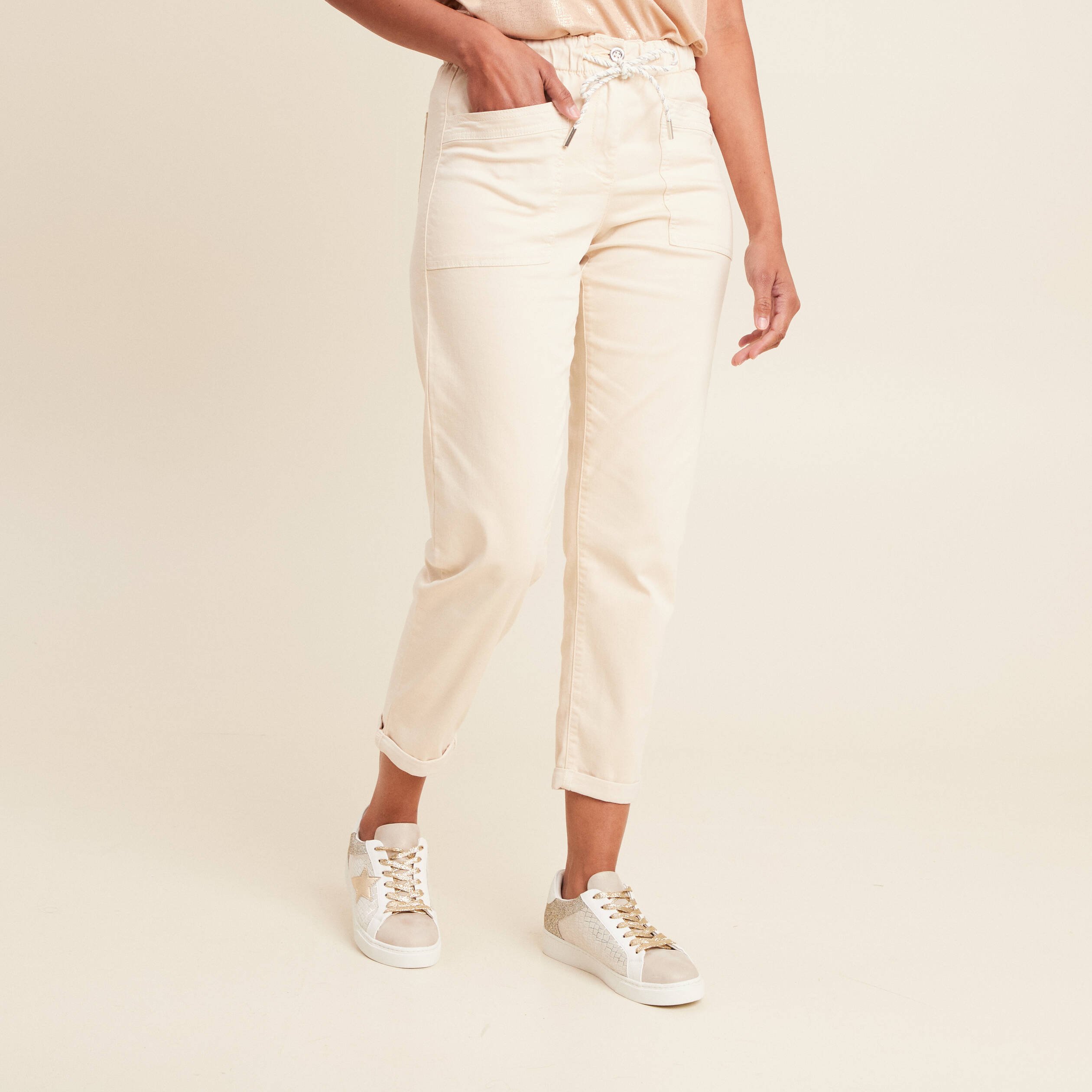 pantalon coupe droite a coulisse ivoire femme Pantalon coupe droite à coulisse ivoire femme