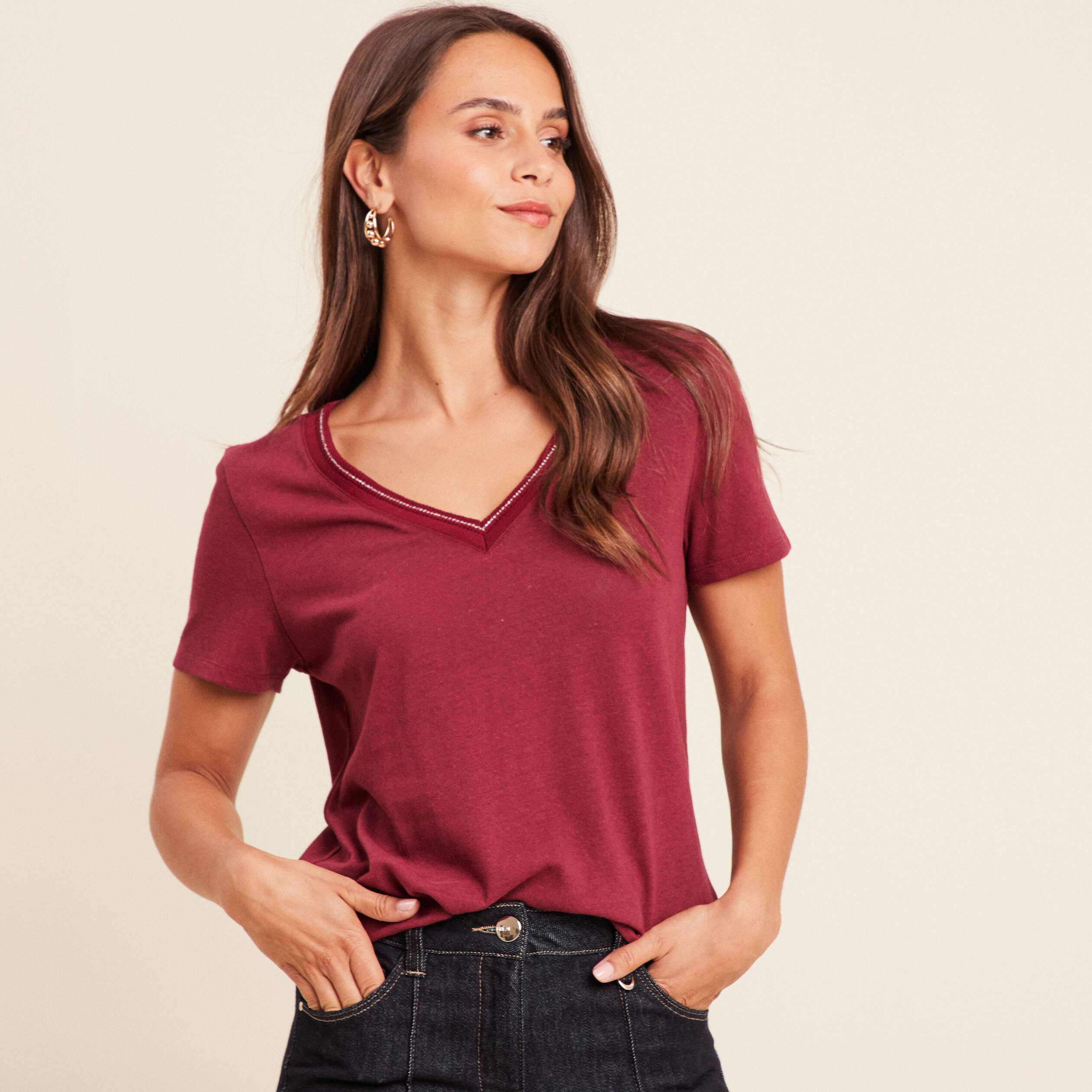 t shirt manches courtes col en v bordeaux femme T-shirt manches courtes col en V bordeaux femme