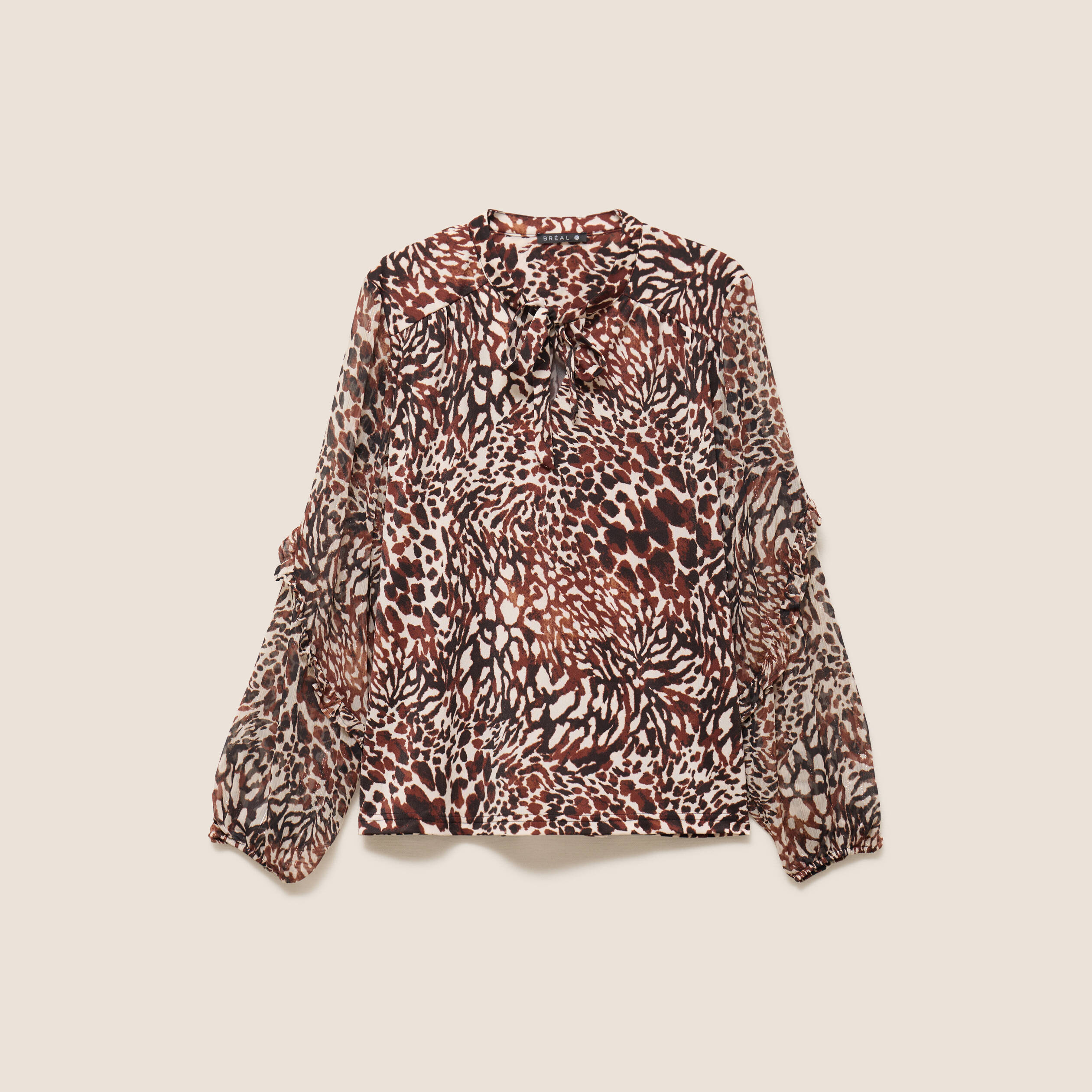 T-shirt manches longues col nou&eacute; marron femme