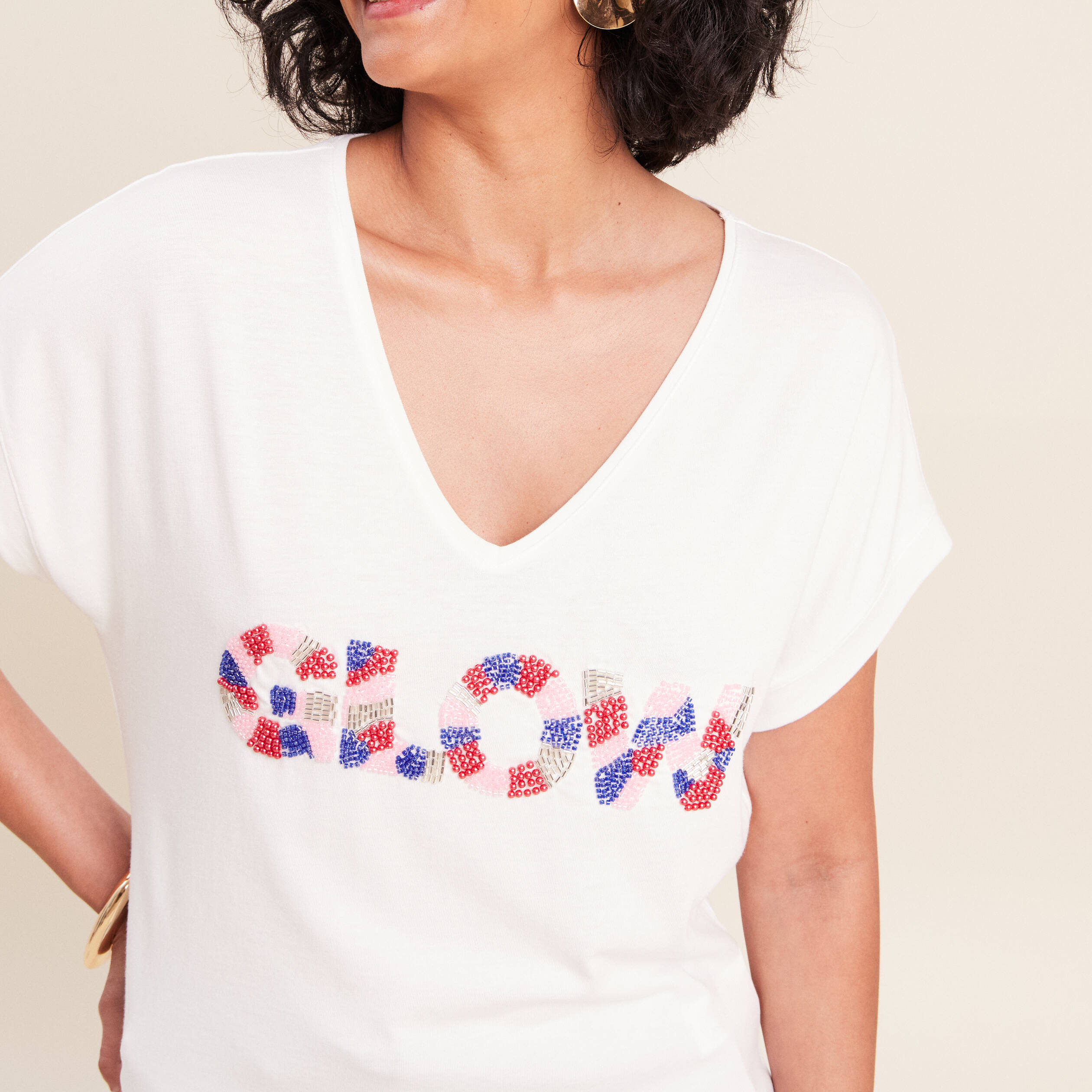 T-shirt col v manches courtes ecru femme