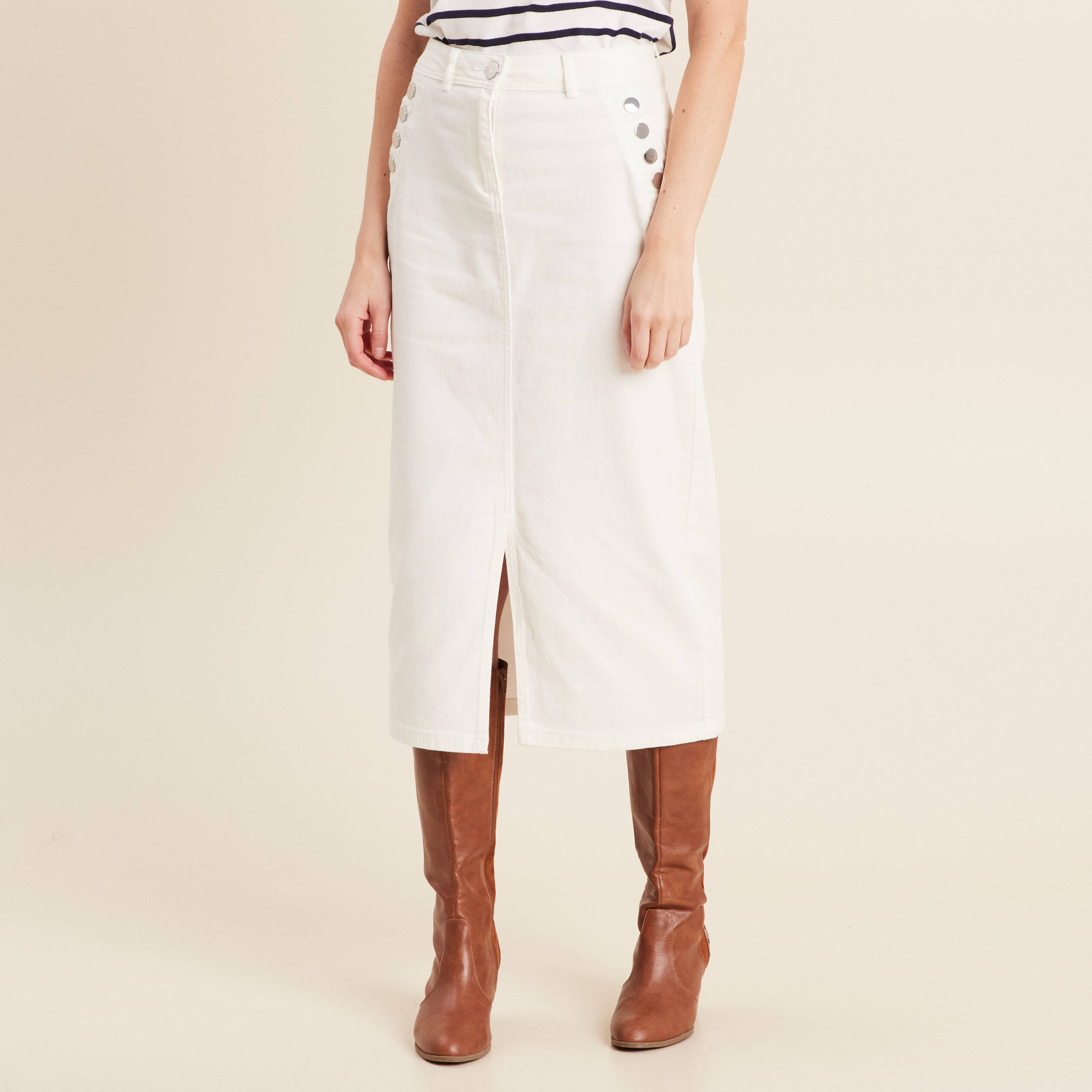 Jupe longue droite en jean blanc femme