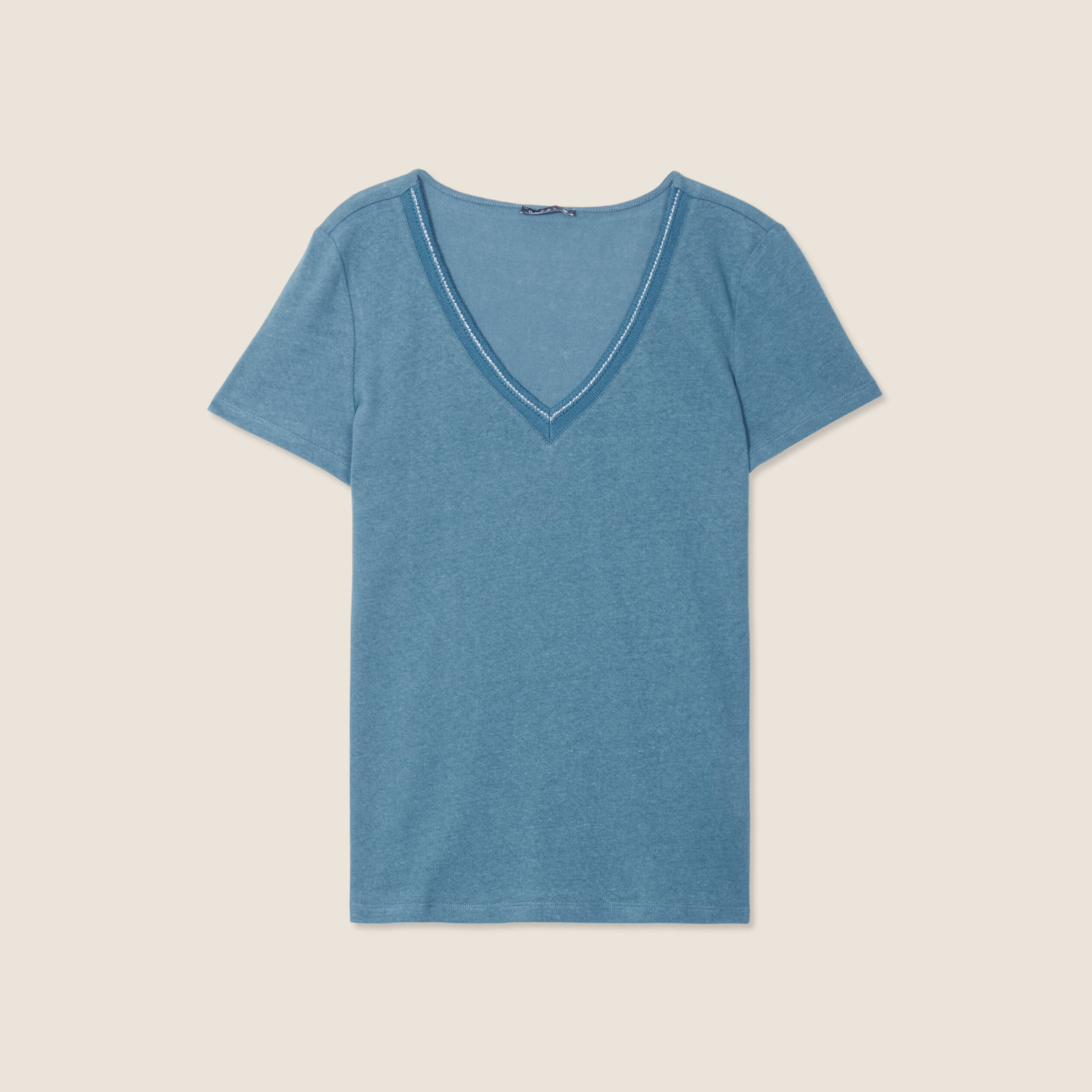 T-shirt manches courtes col en V bleu pétrole femme