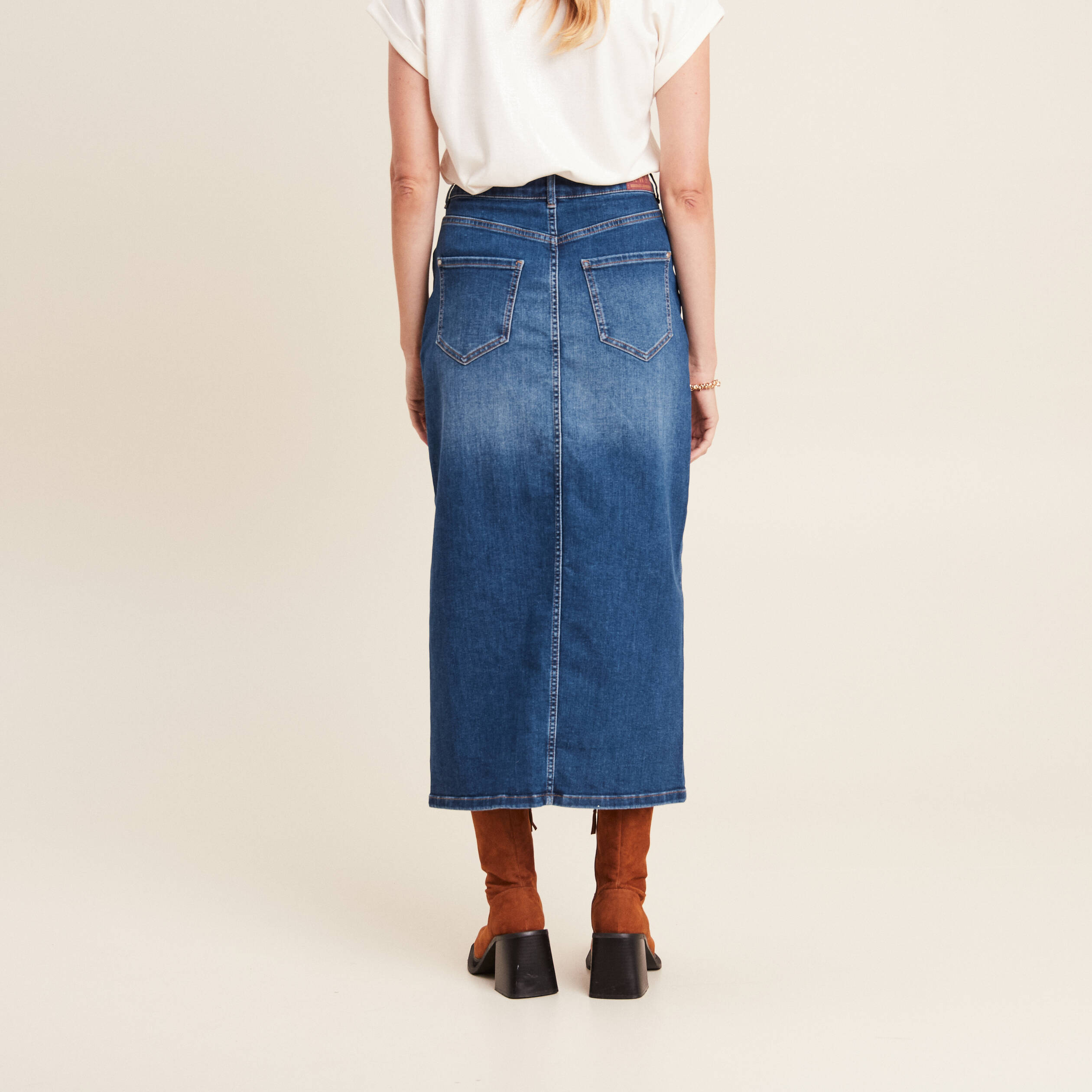 Jupe longue droite en jean denim stone femme