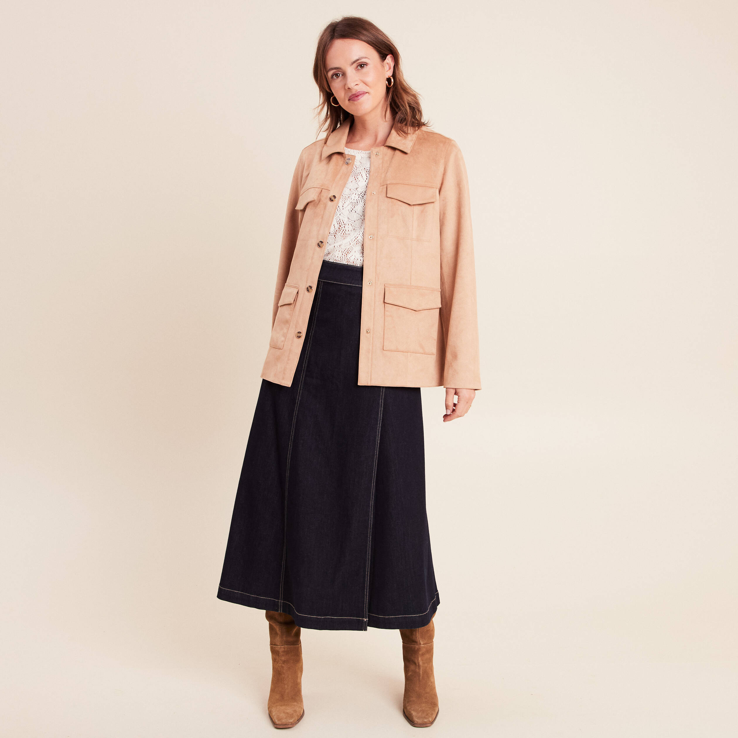 Veste droite longue aspect daim marron clair femme