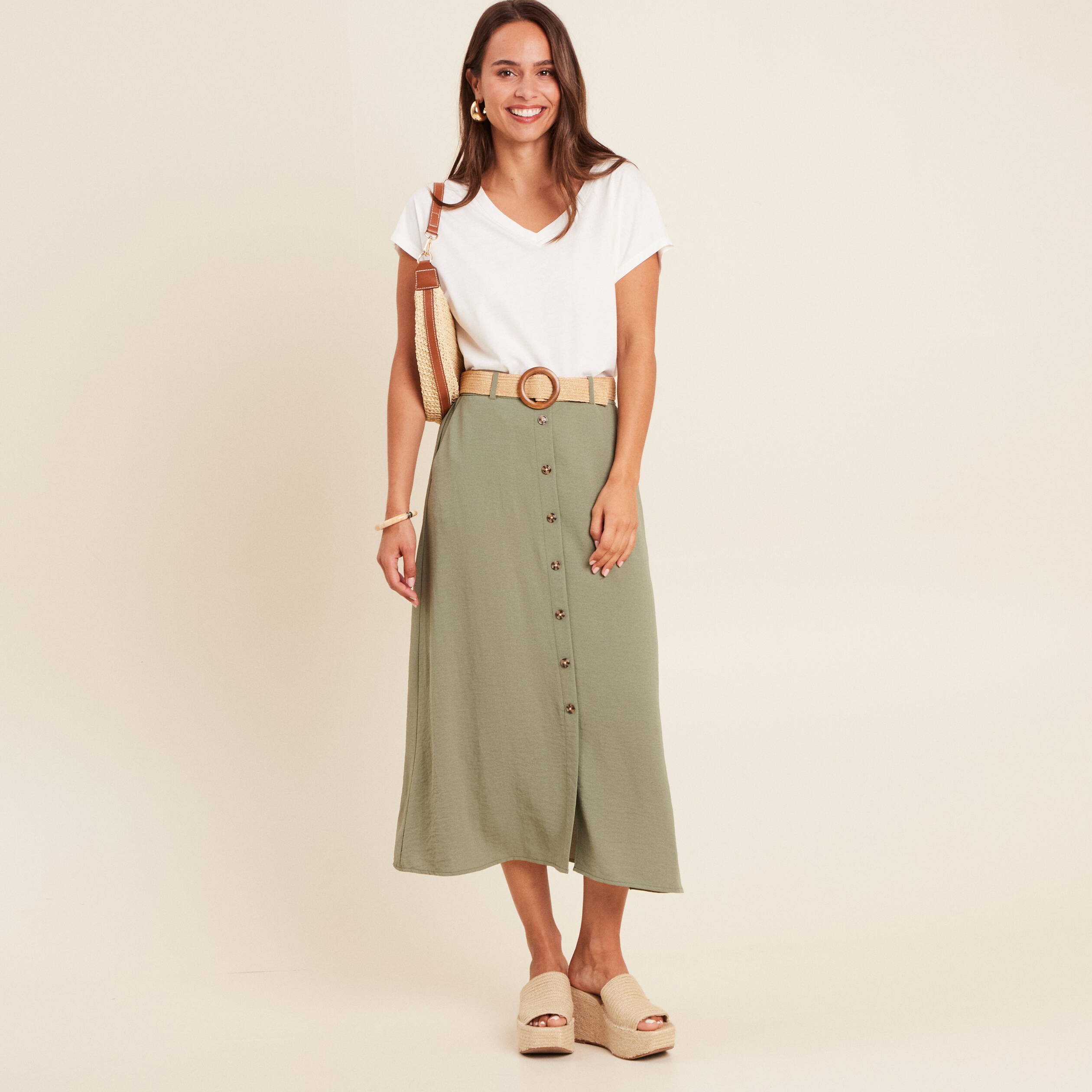 jupe longue evasee ceinture amovible vert kaki femme Jupe longue évasée ceinture amovible vert kaki femme