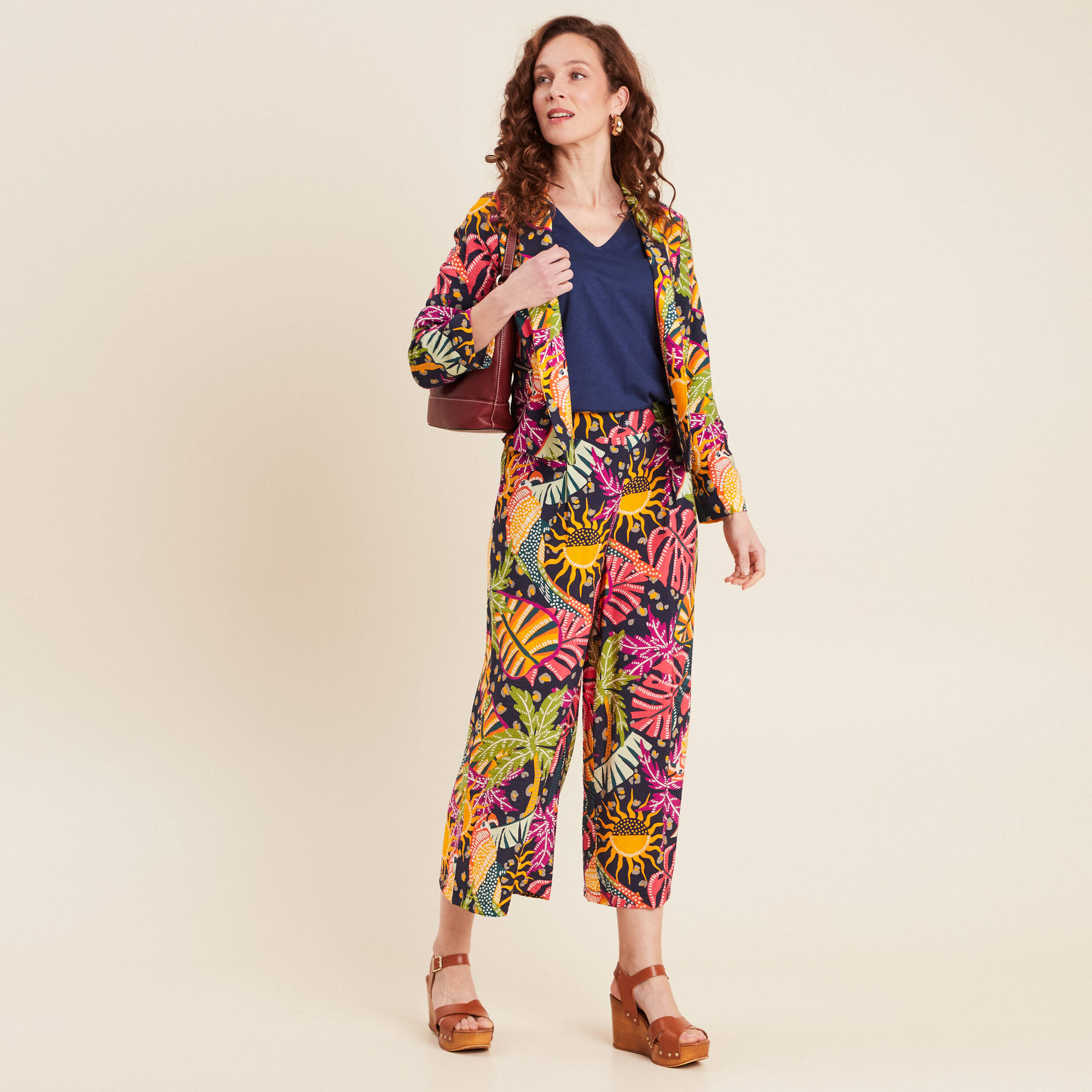 Pantalon flou large 7/8ème multicolore femme