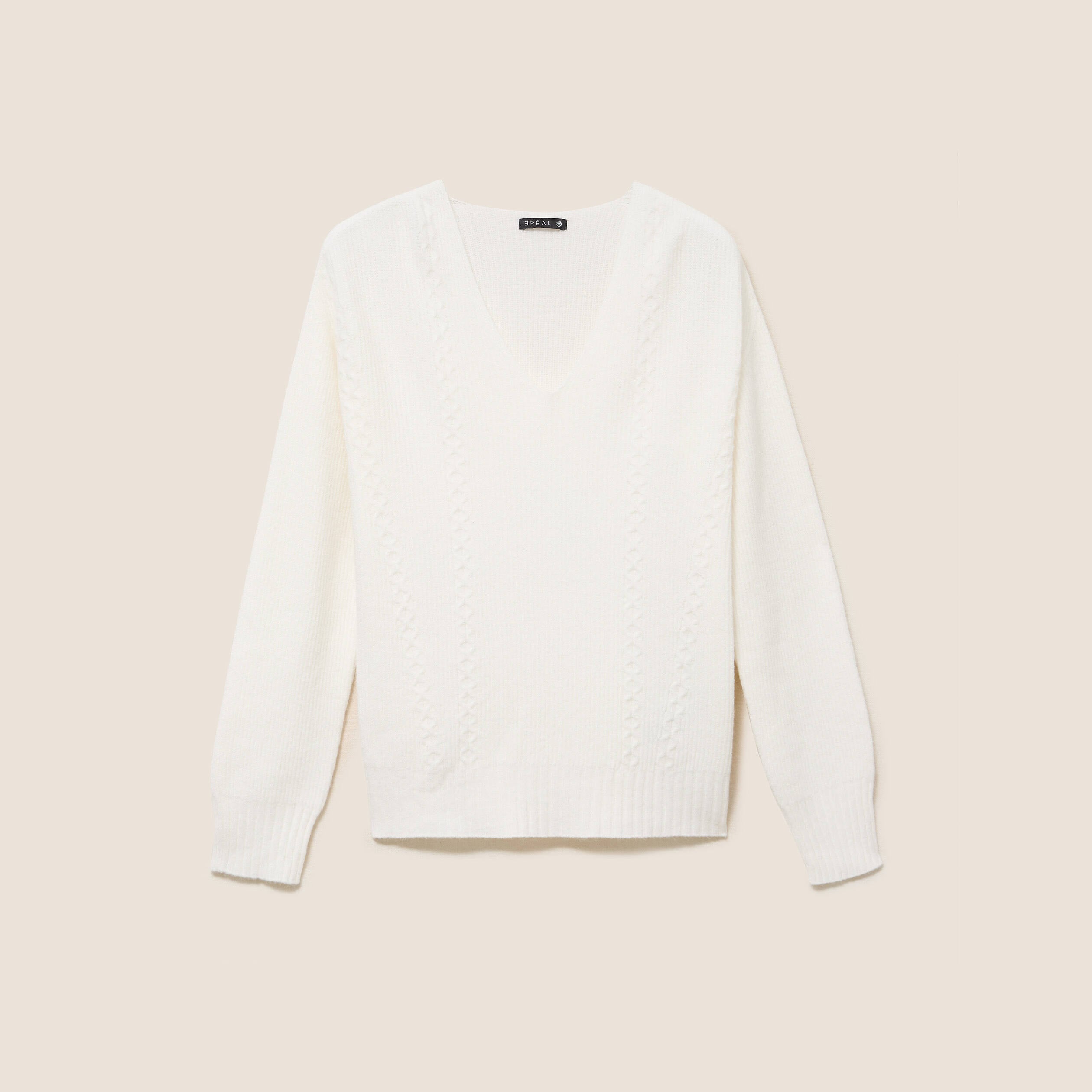 Pull col v manches longues ecru femme