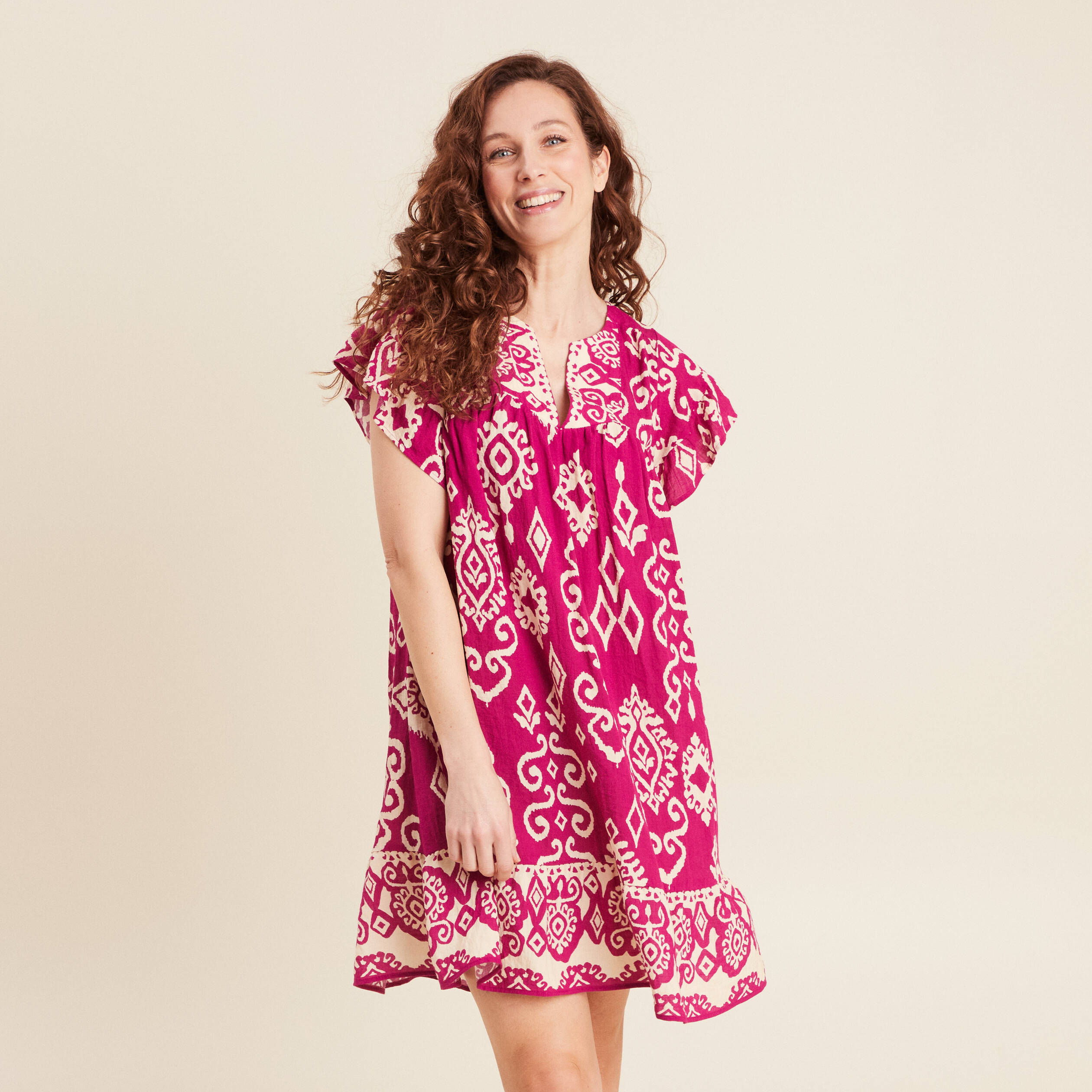 Robe évasée fluide rose fushia femme