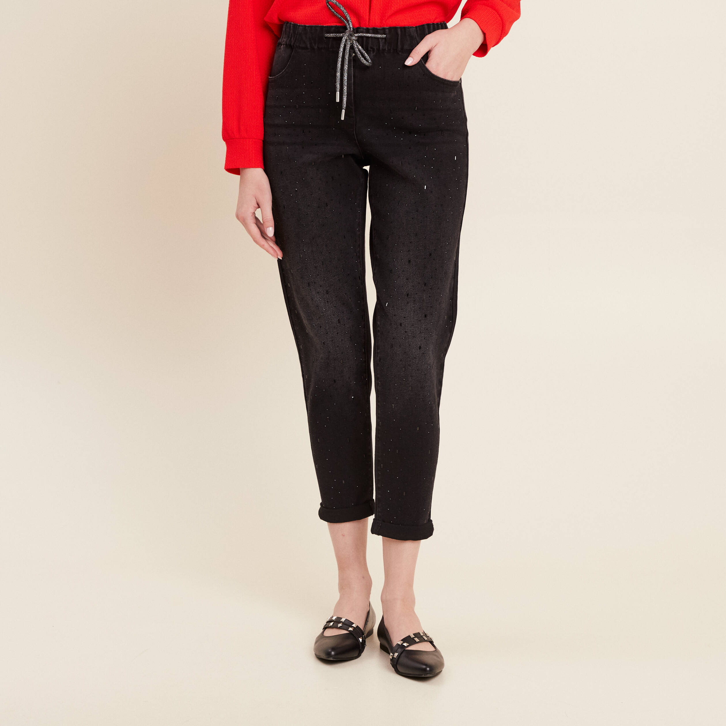 Jean jogging strass denim noir femme