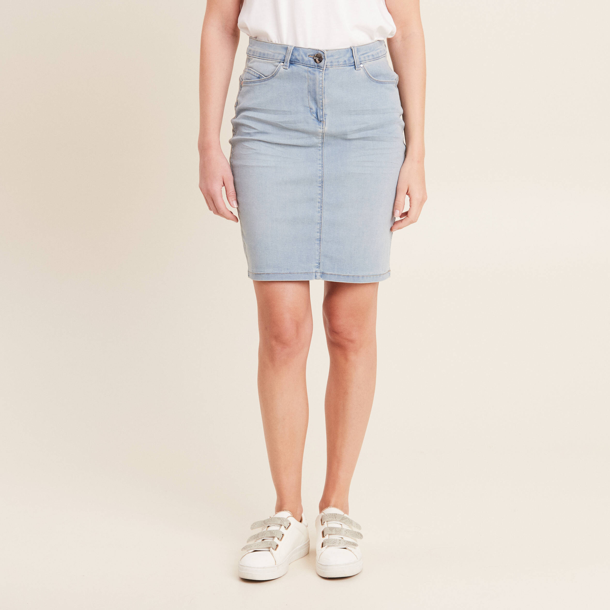 Jupe droite denim double stone femme