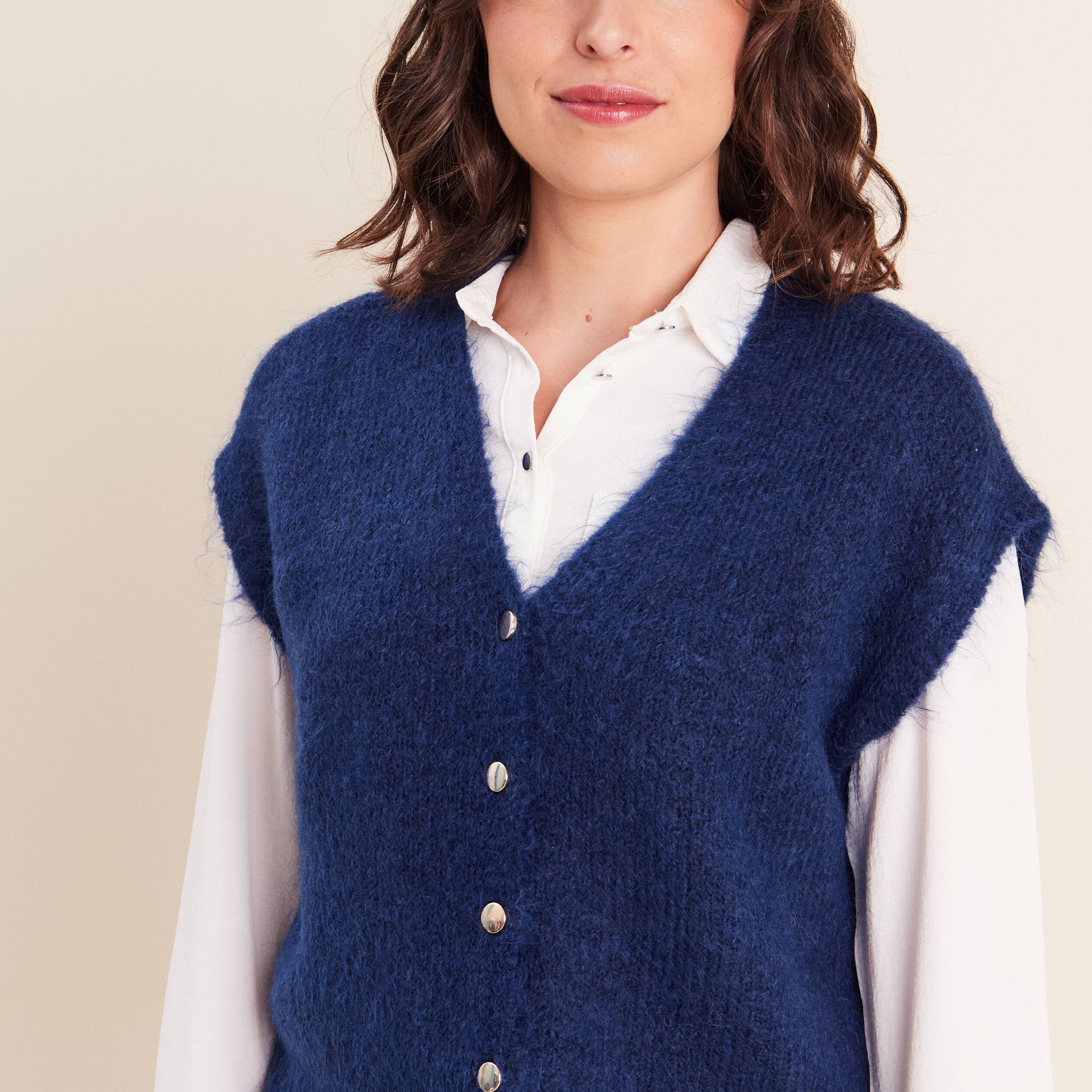 Gilet droit mi-long col v bleu marine femme