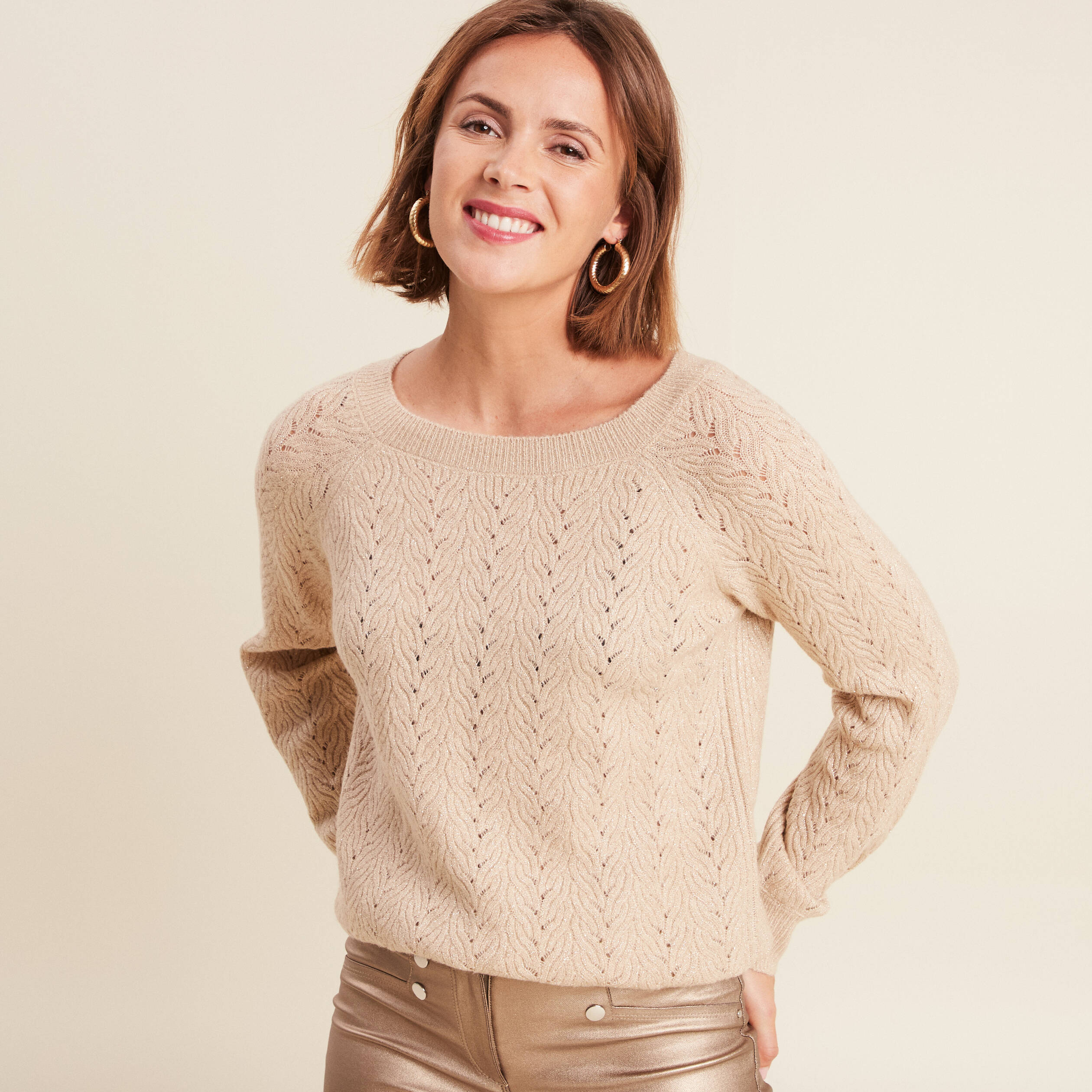 Pull manches longues sequins couleur or femme