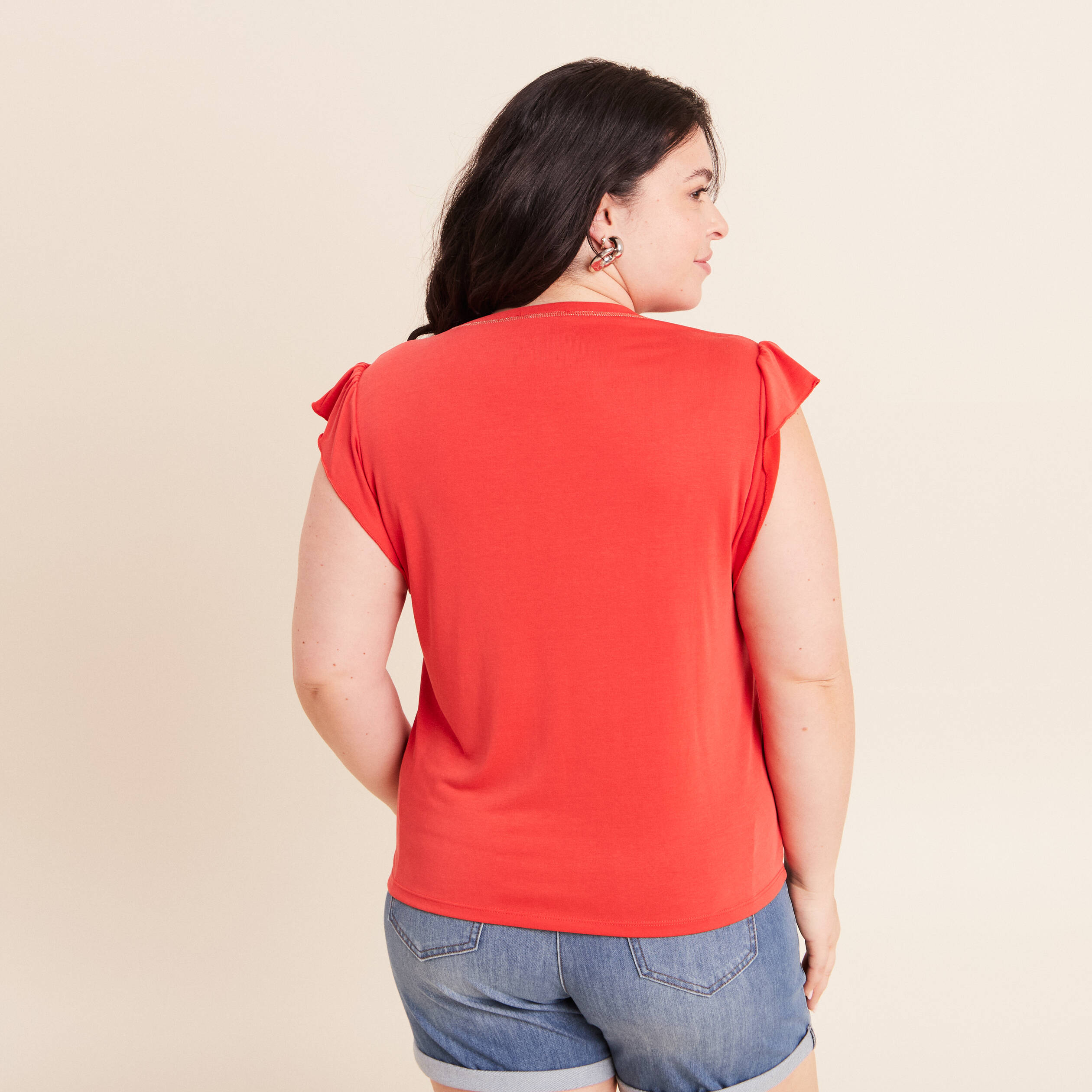 T-shirt manches courtes &agrave; volants orange fonc&eacute; femme
