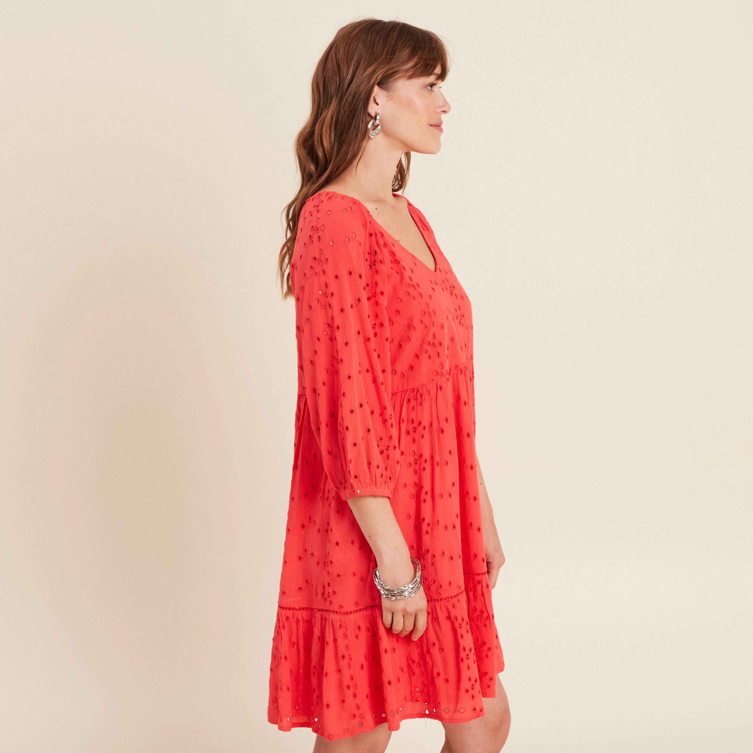 robe courte manches 34 fluide rouge corail femme Robe courte manches 3/4 fluide rouge corail femme