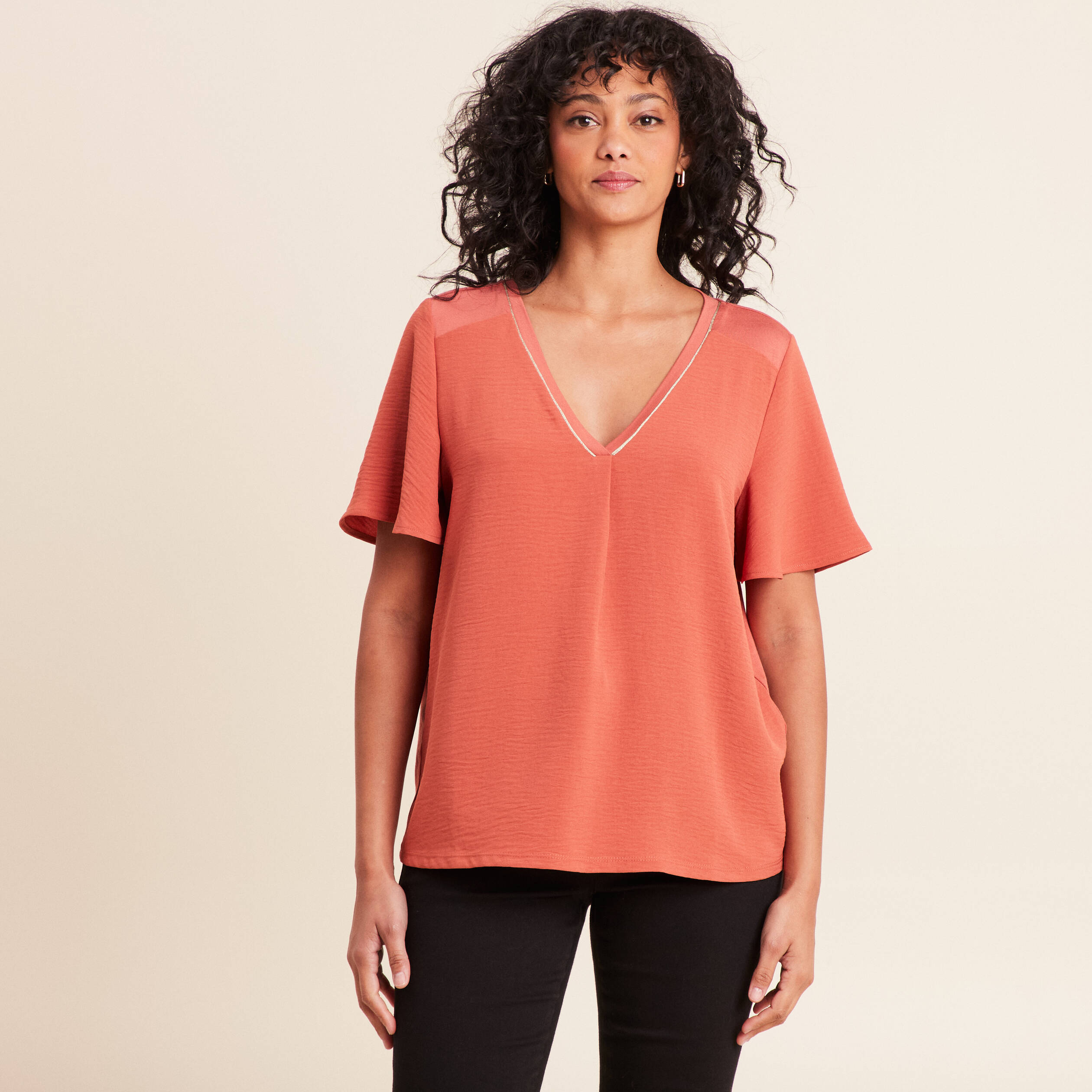 T-shirt bi-mati&egrave;re manches courtes vieux rose femme