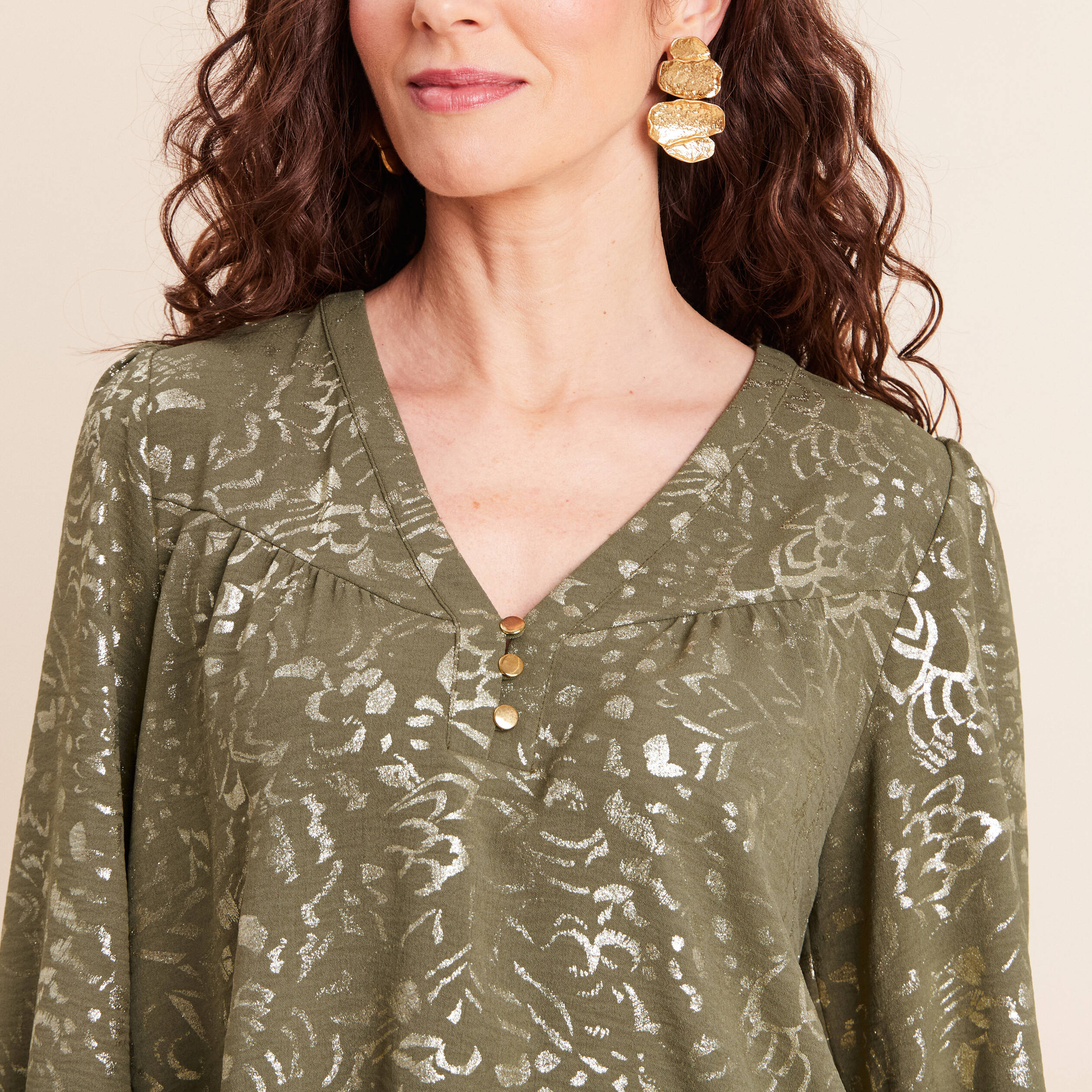 Blouse ample col v manches longues vert kaki femme