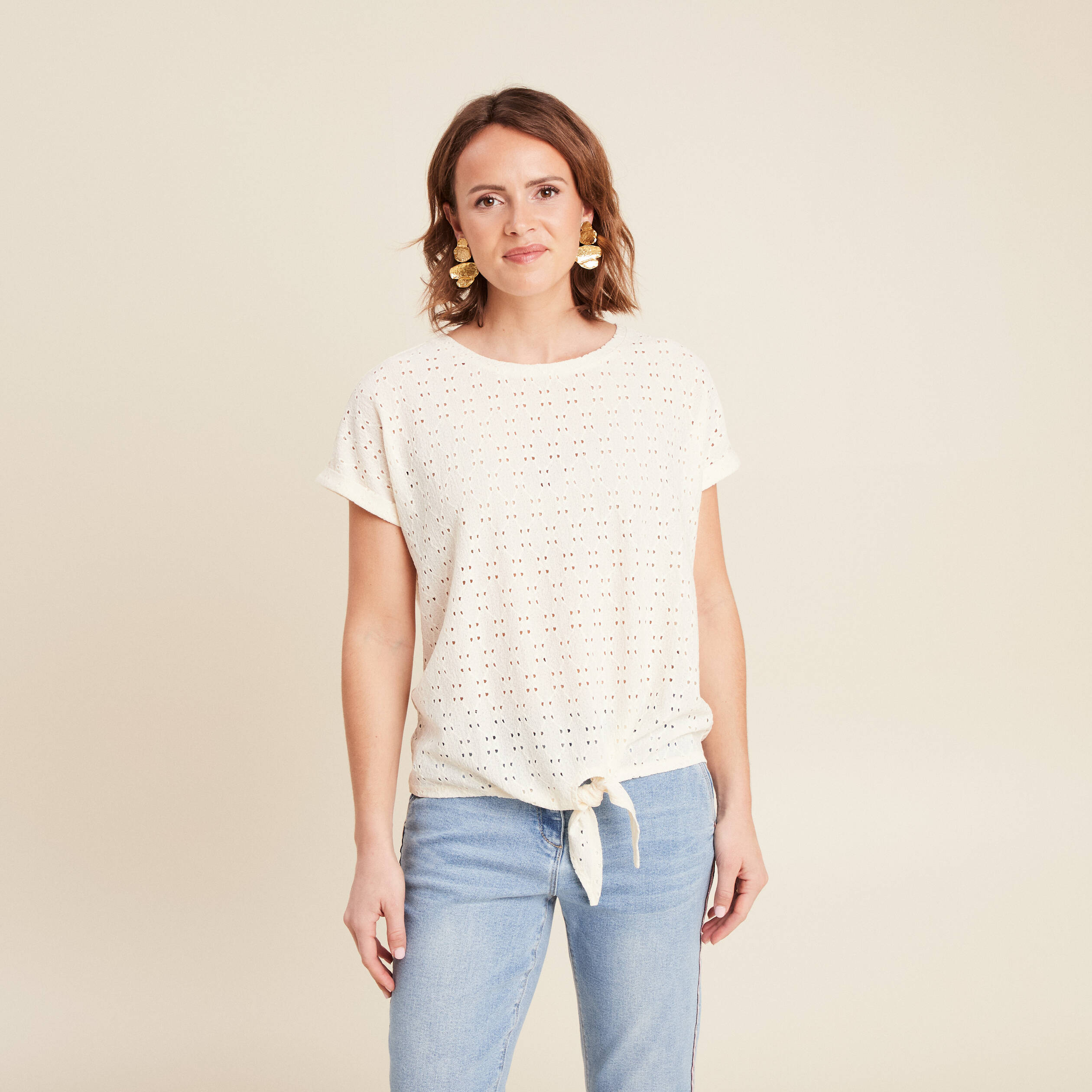 Blouse manches courtes nouée ecru femme