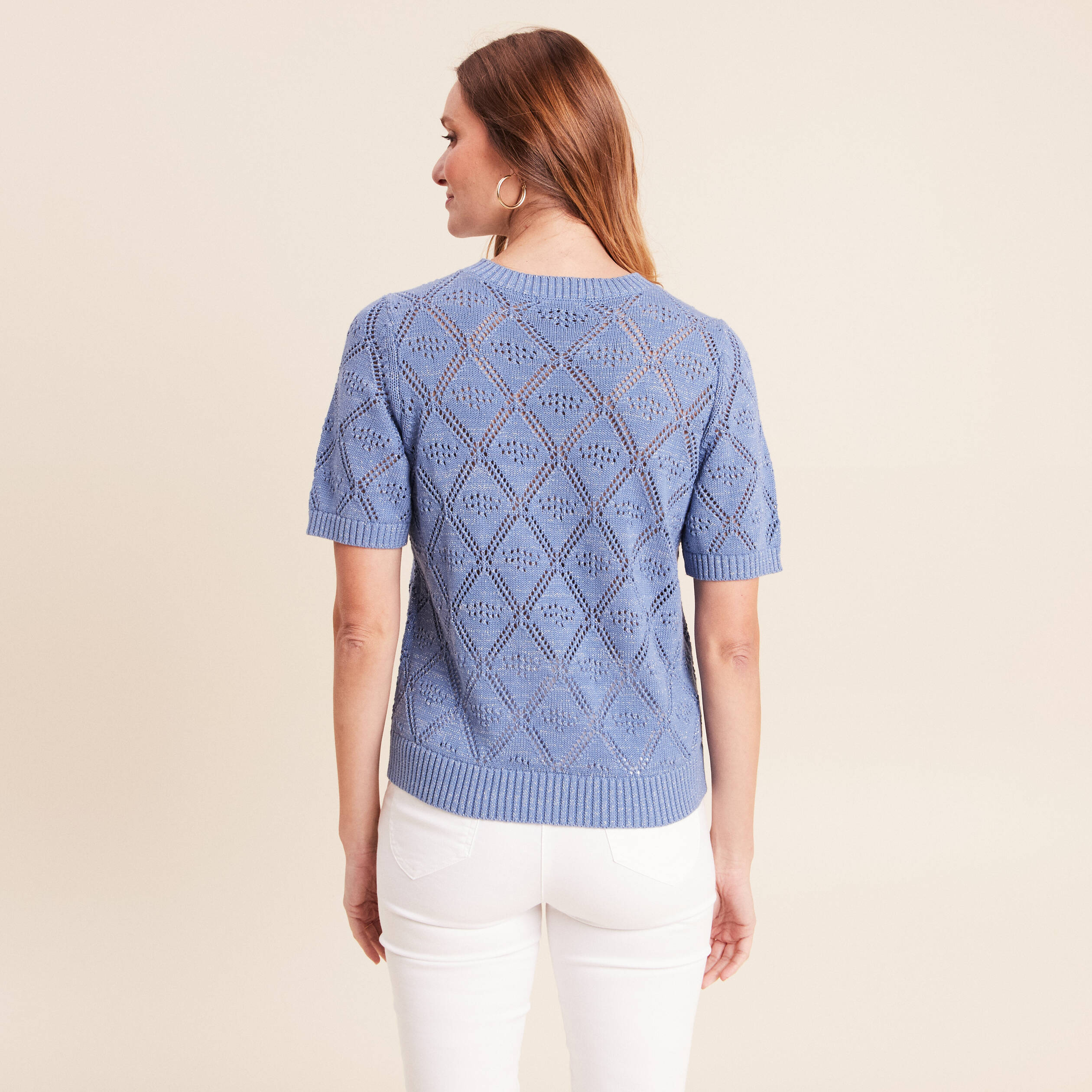 Pull droit court manches courtes bleu ciel femme