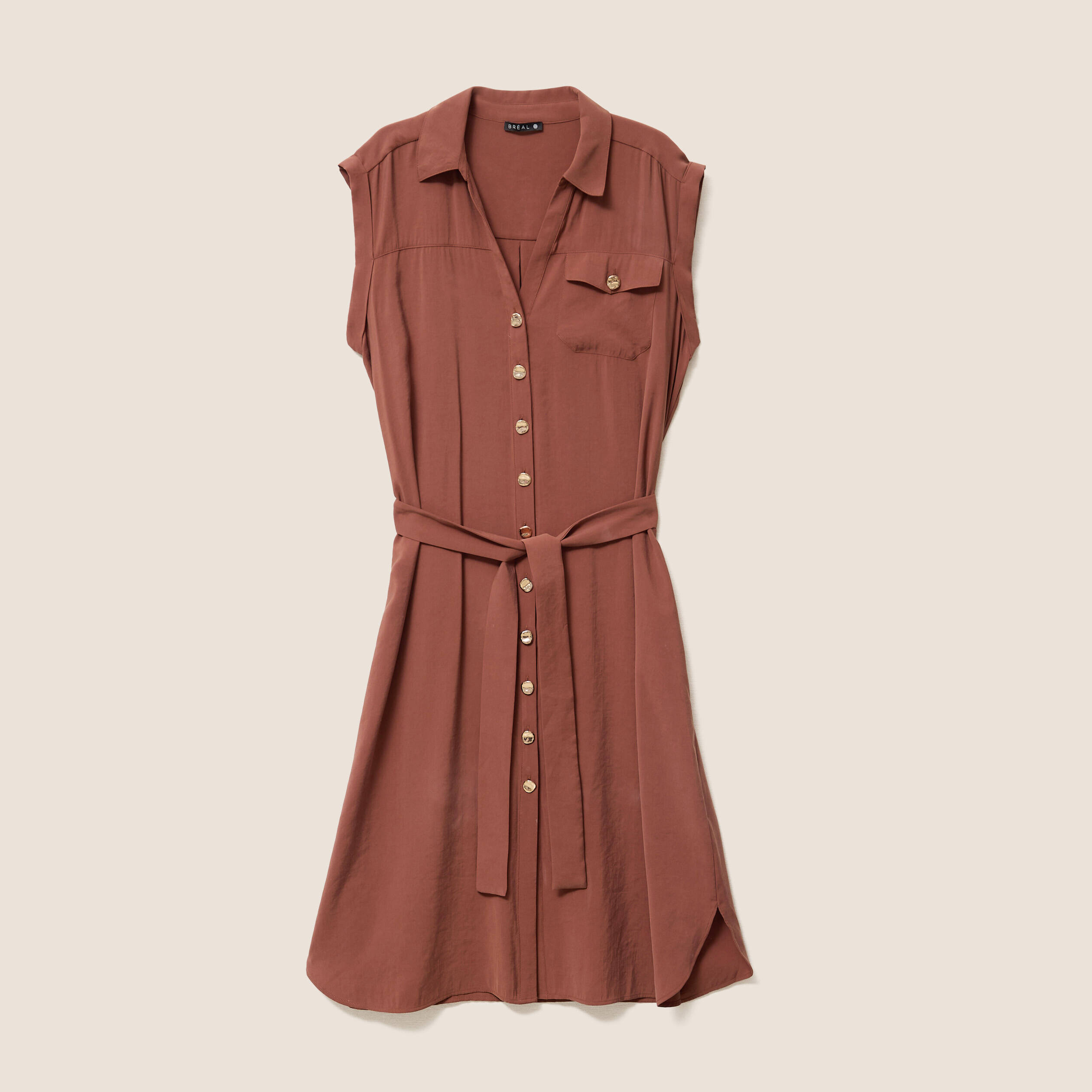 Robe droite col chemise manches courtes marron femme