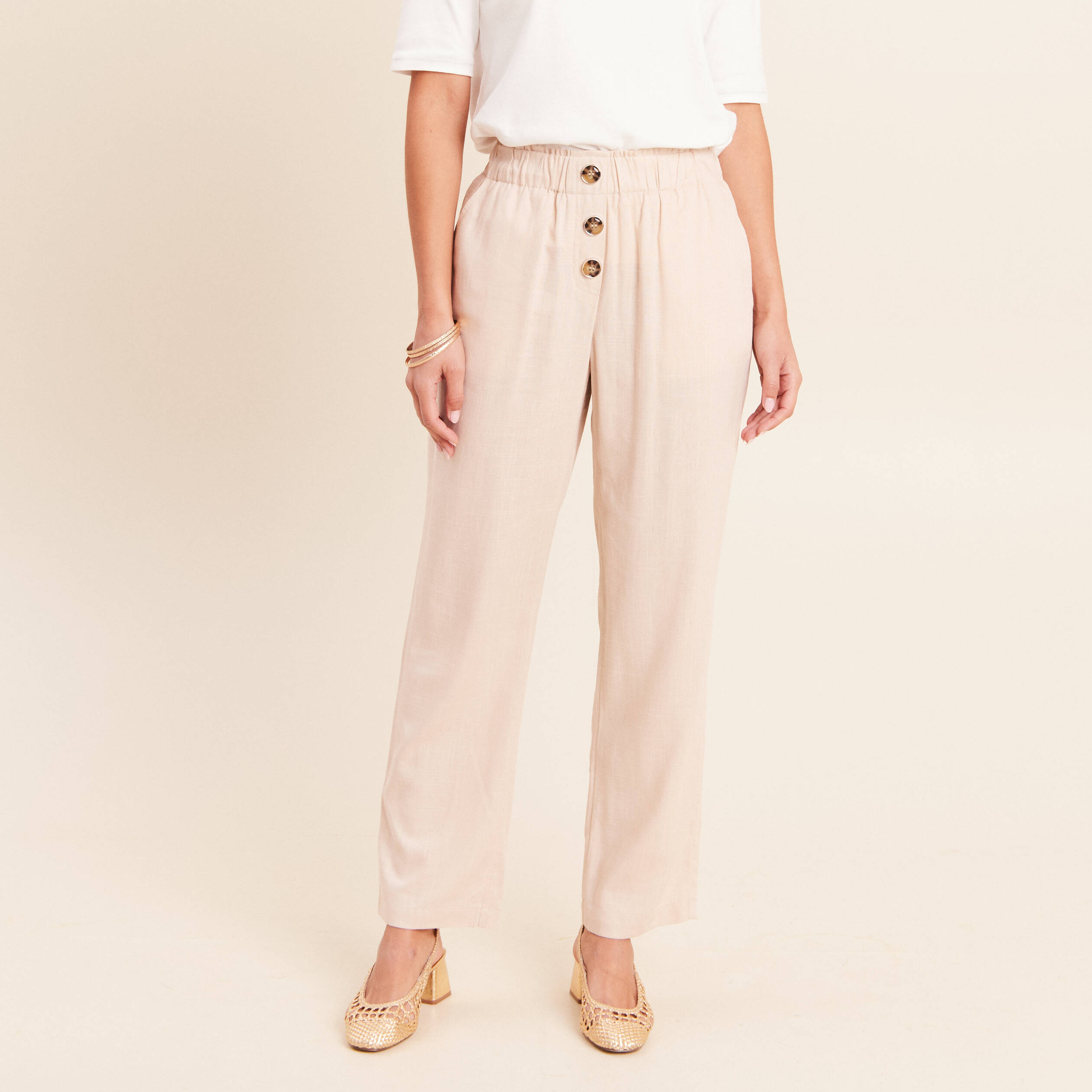 Pantalon large taille haute ivoire femme