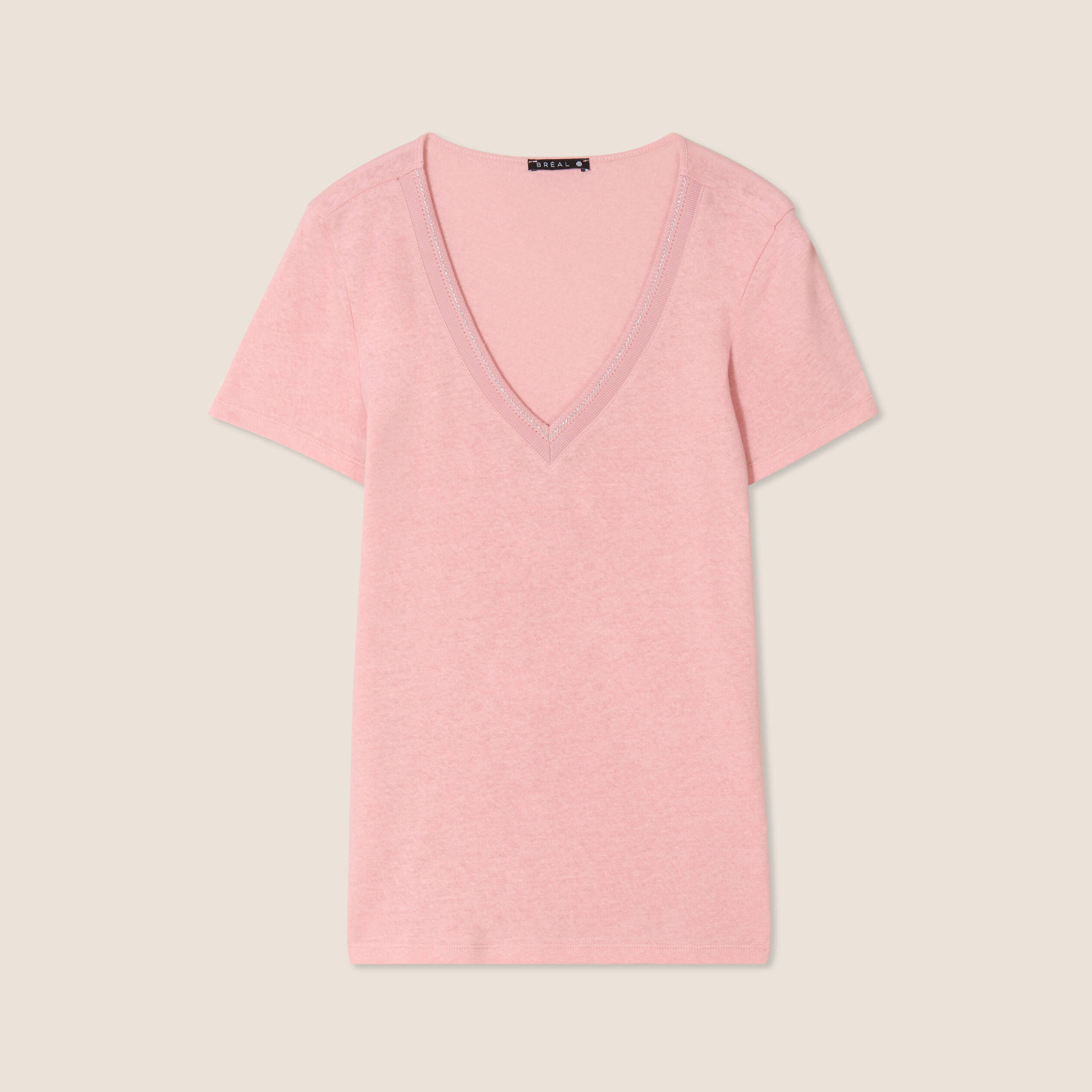 T-shirt manches courtes col en V vieux rose femme