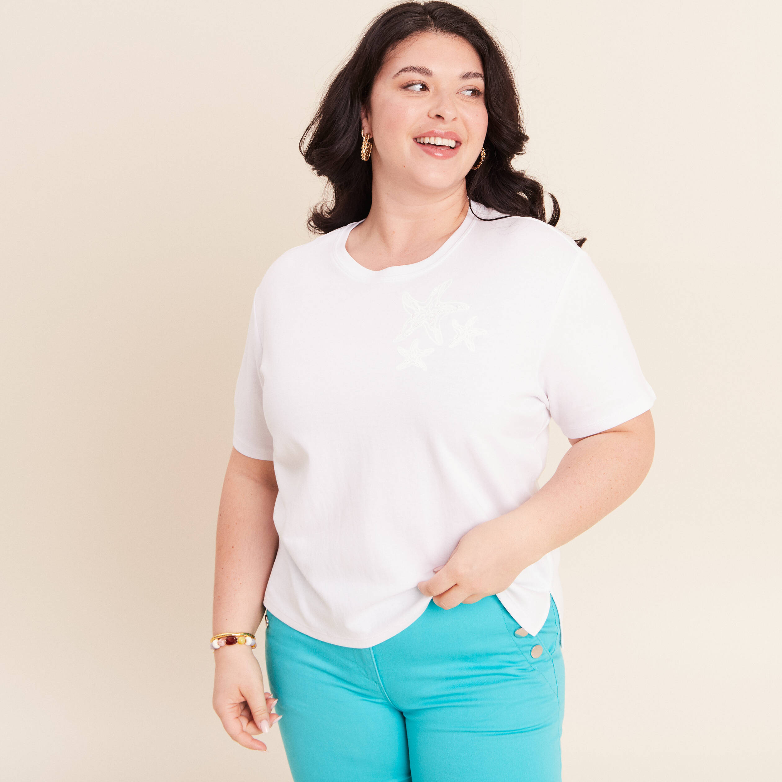 T-shirt col rond manches courtes sequins blanc femme