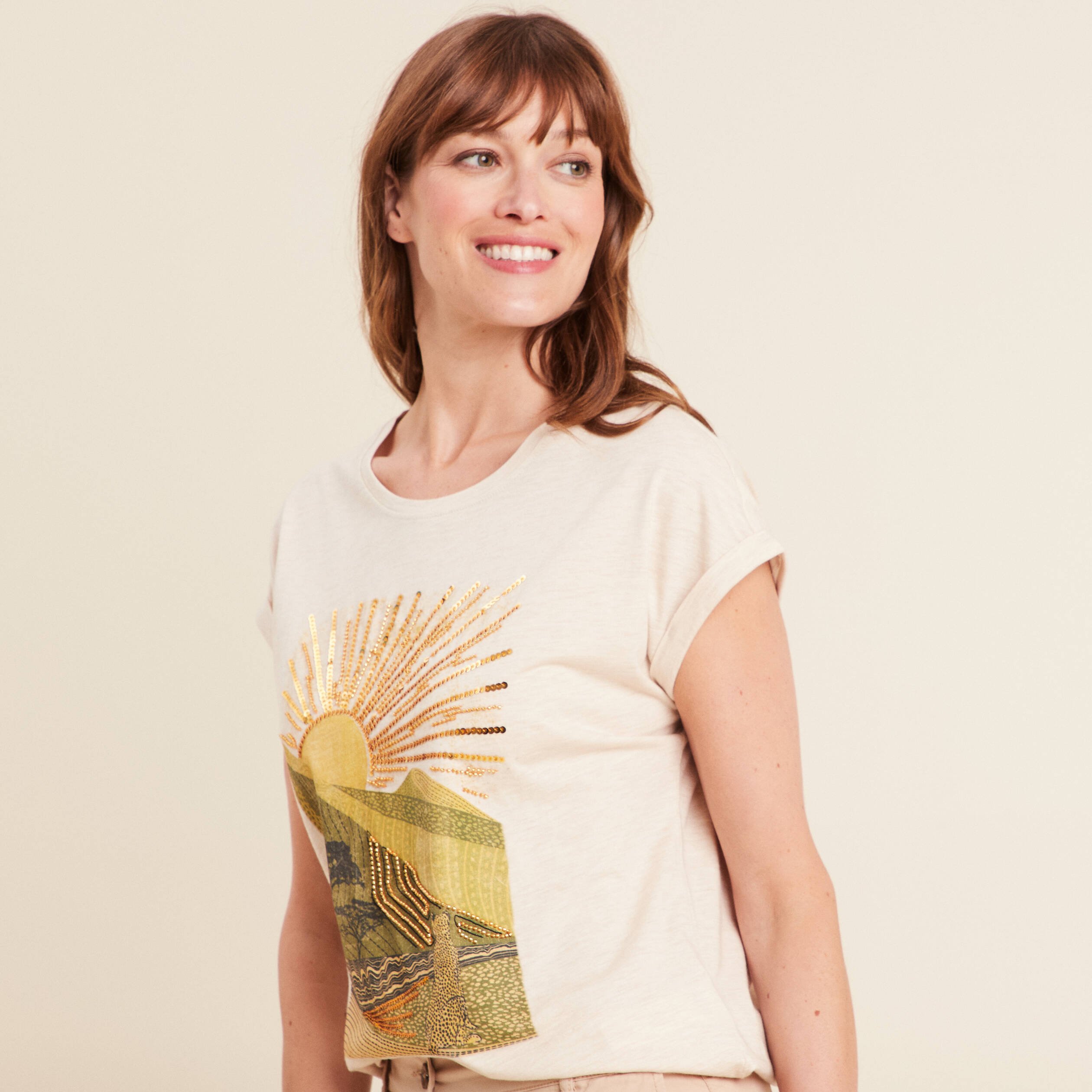 t shirt manches courtes perles sable femme T-shirt manches courtes perles sable femme