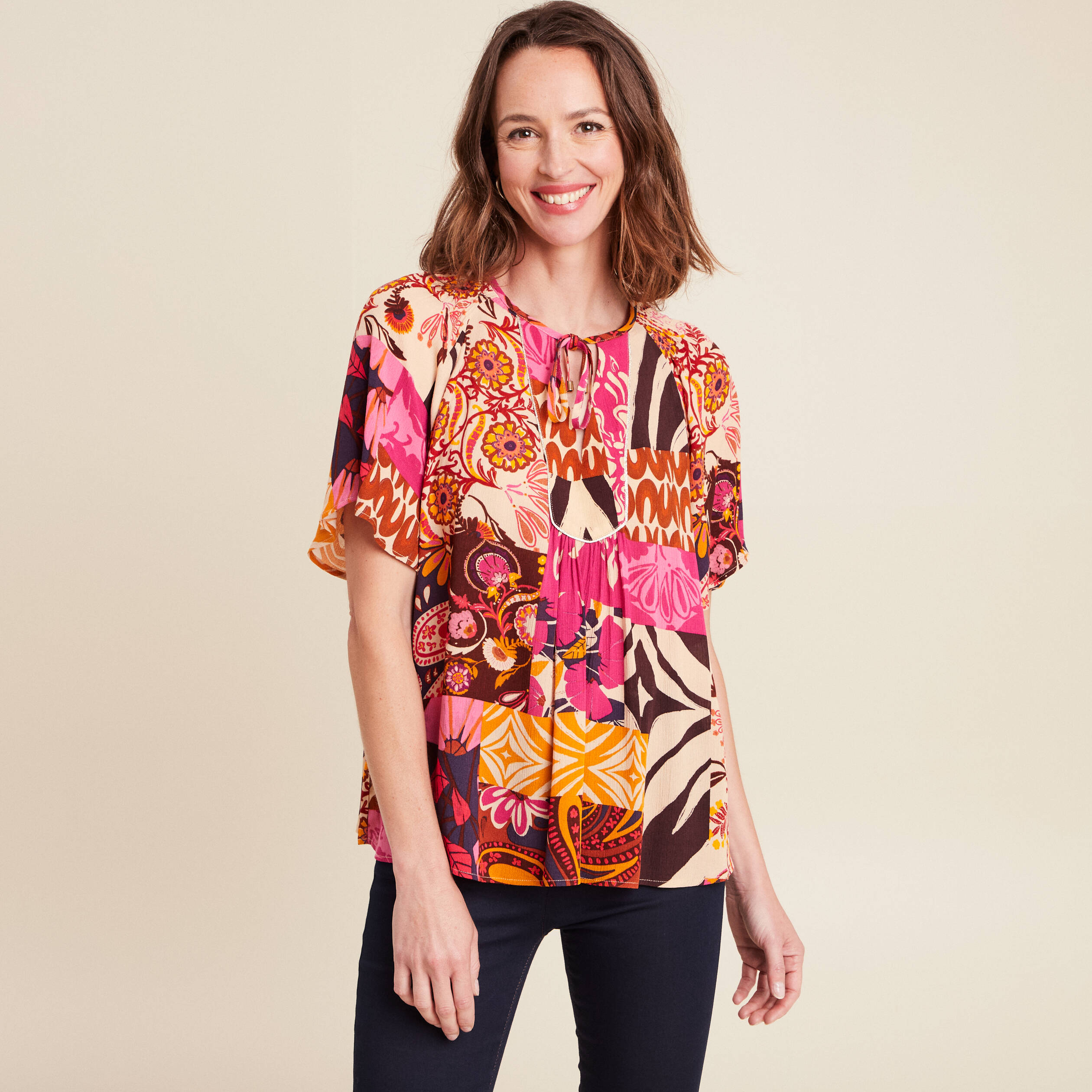 blouse ample crepe col tunisien rose femme blouse ample crêpe col tunisien rose femme
