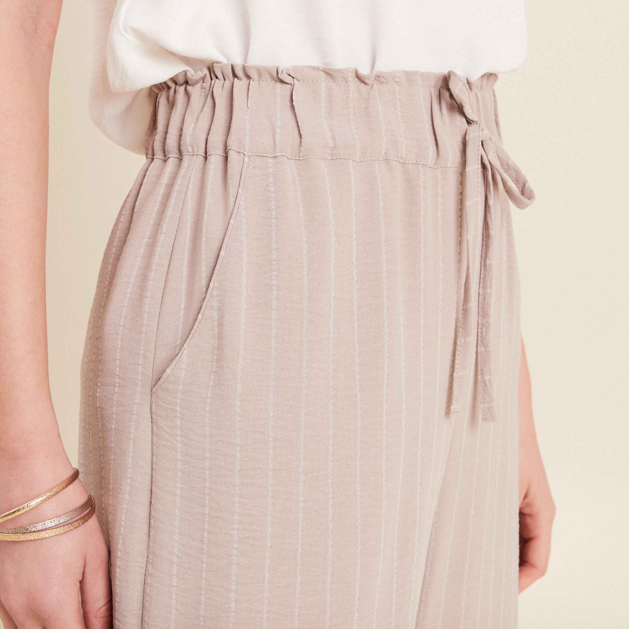 Pantalon large taille haute beige femme