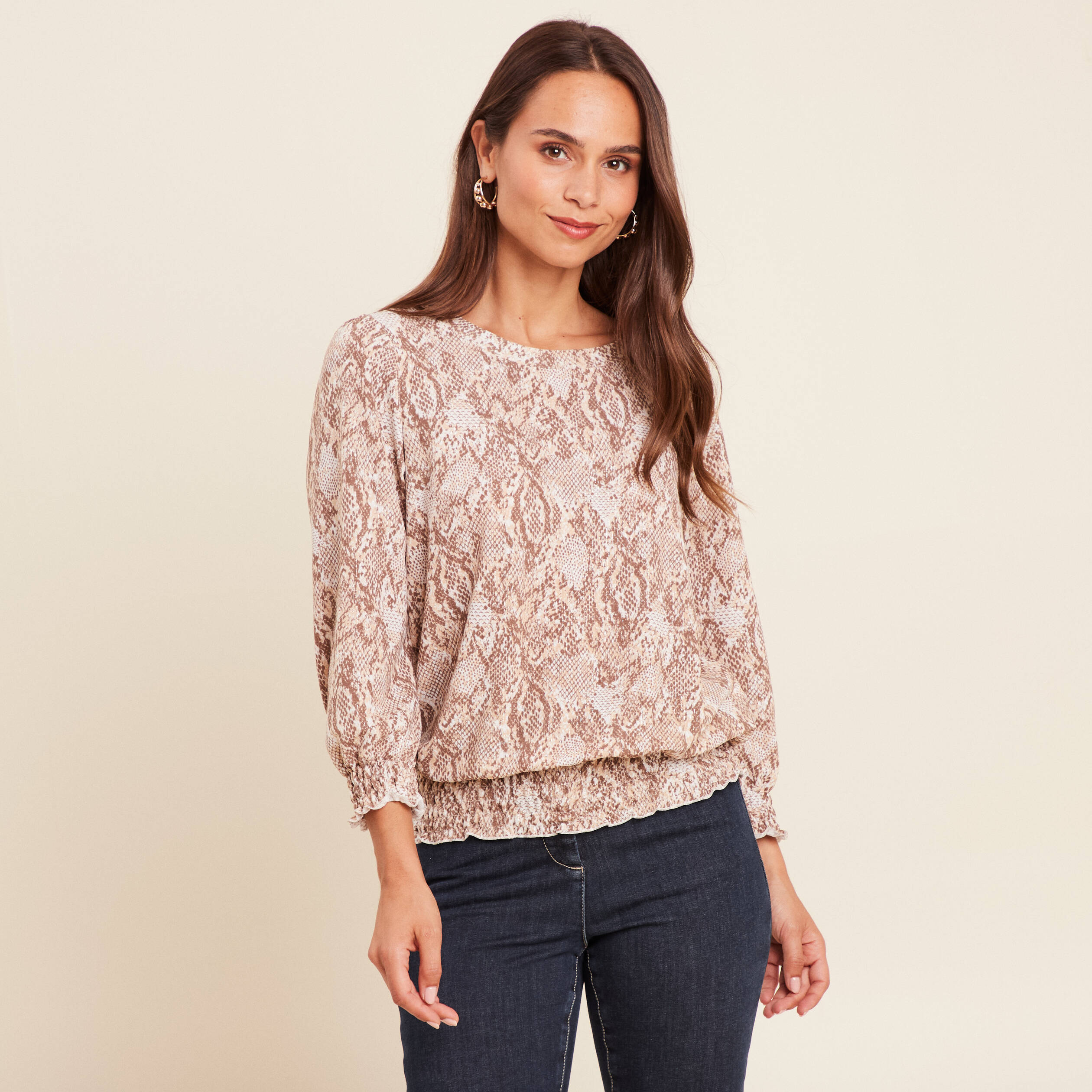 T-shirt col rond manches 3/4 beige femme