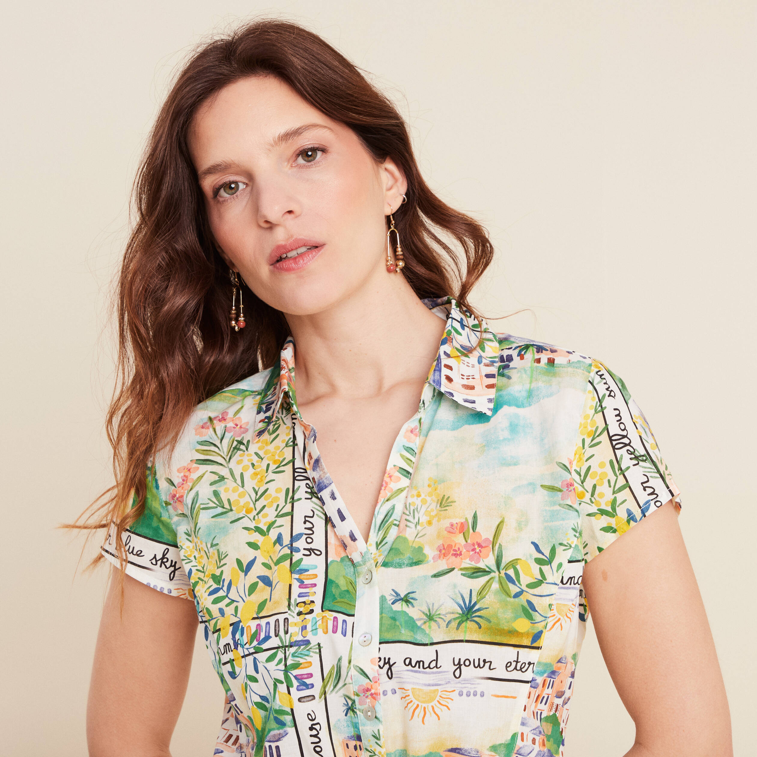 Chemise manches courtes nouée multicolore femme