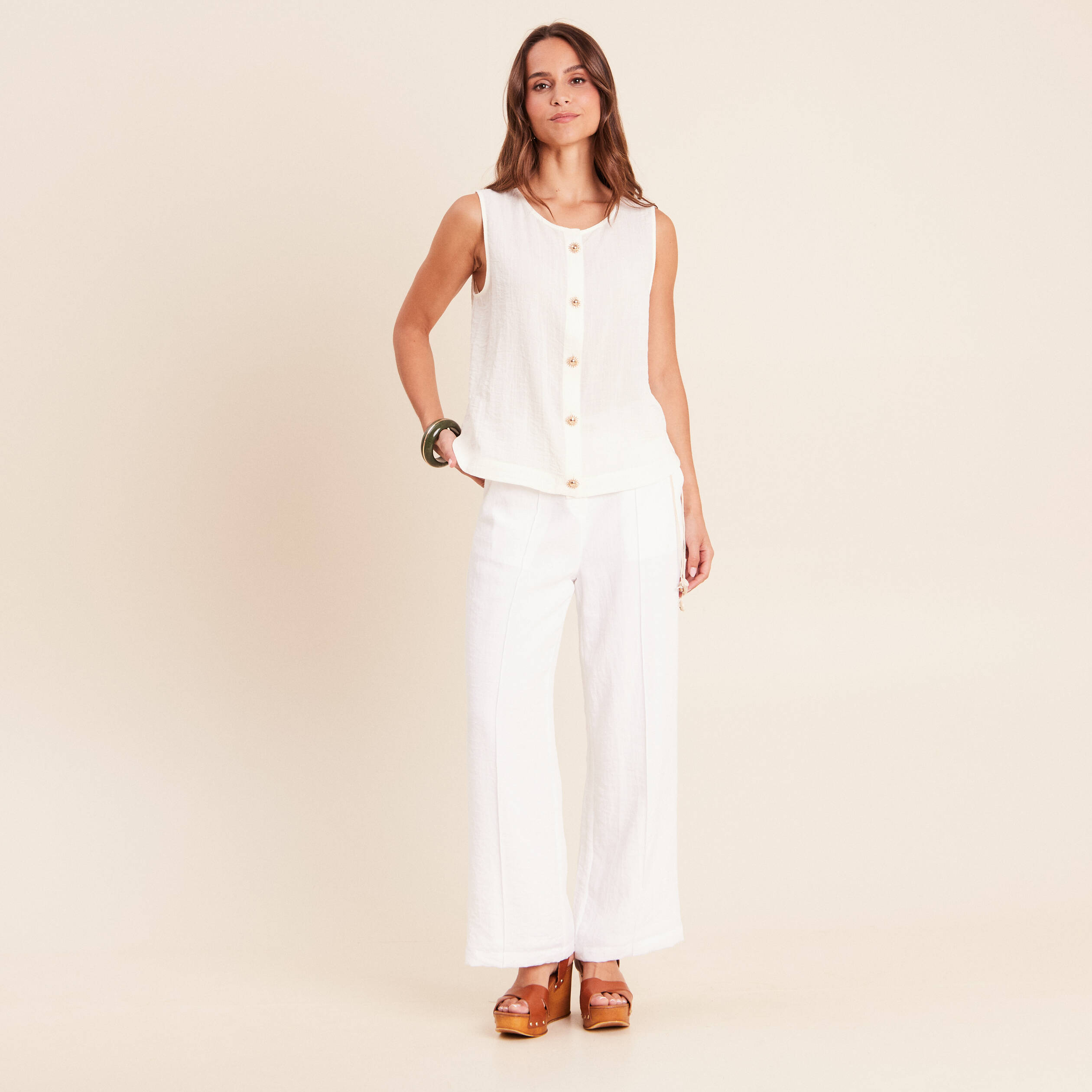 Pantalon large taille haute aspect lin blanc femme