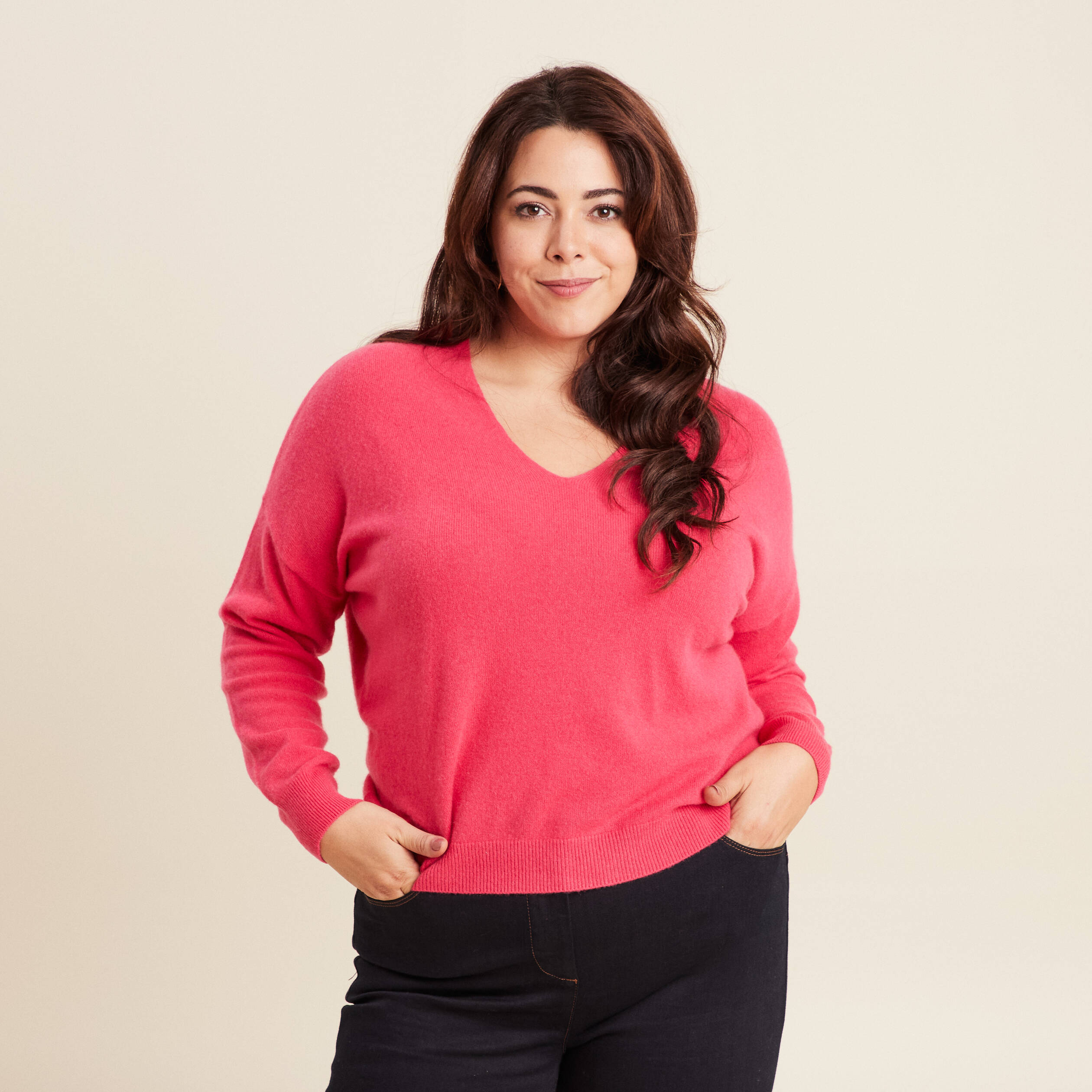 Pull en cachemire manches longues rose framboise femme