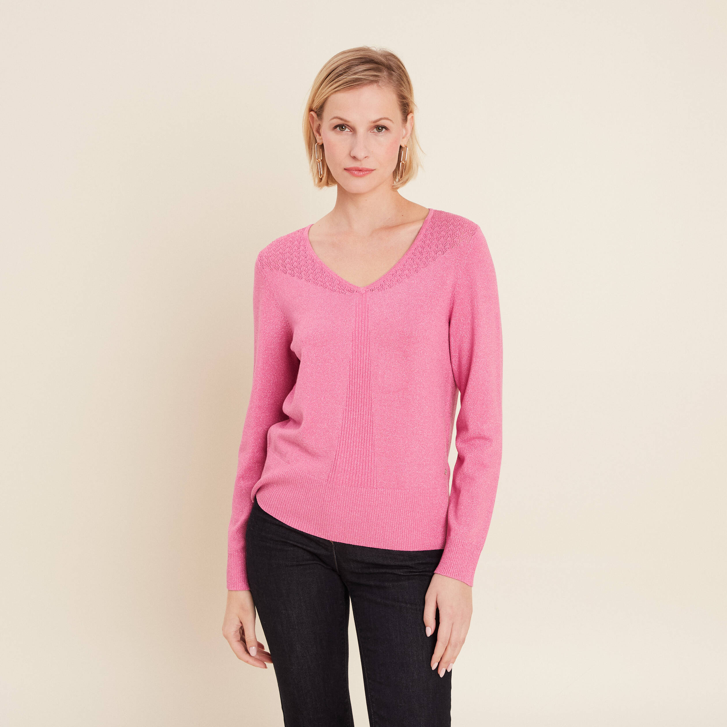 Pull manches longues col en V rose femme
