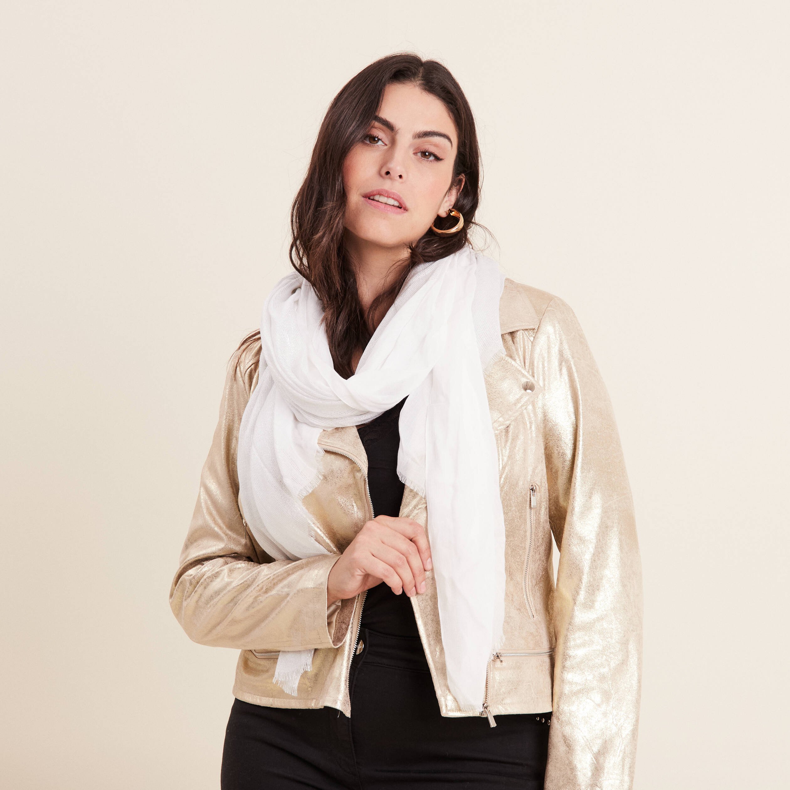 Foulard brillant à franges ecru femme