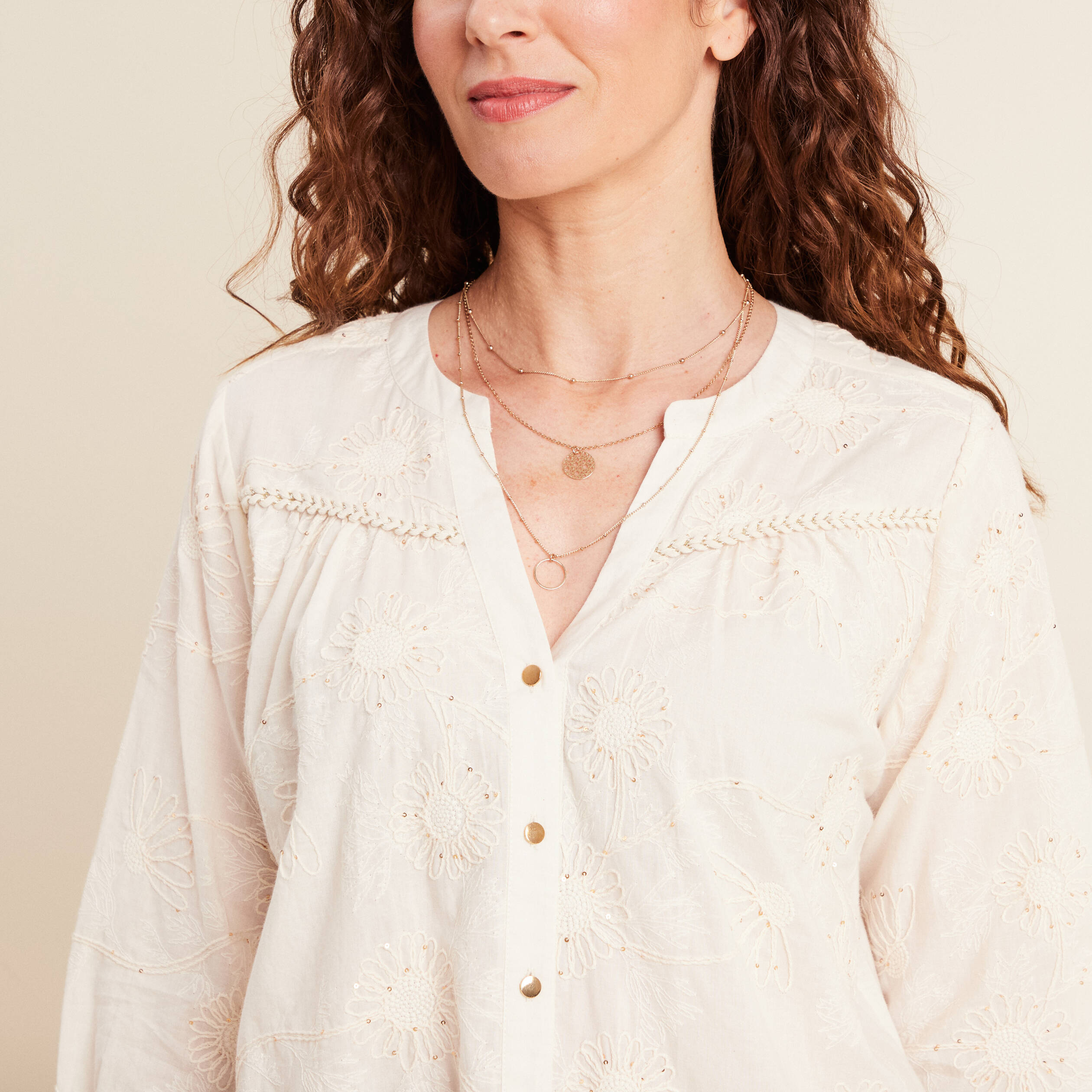 Blouse col tunisien manches 3/4 ecru femme