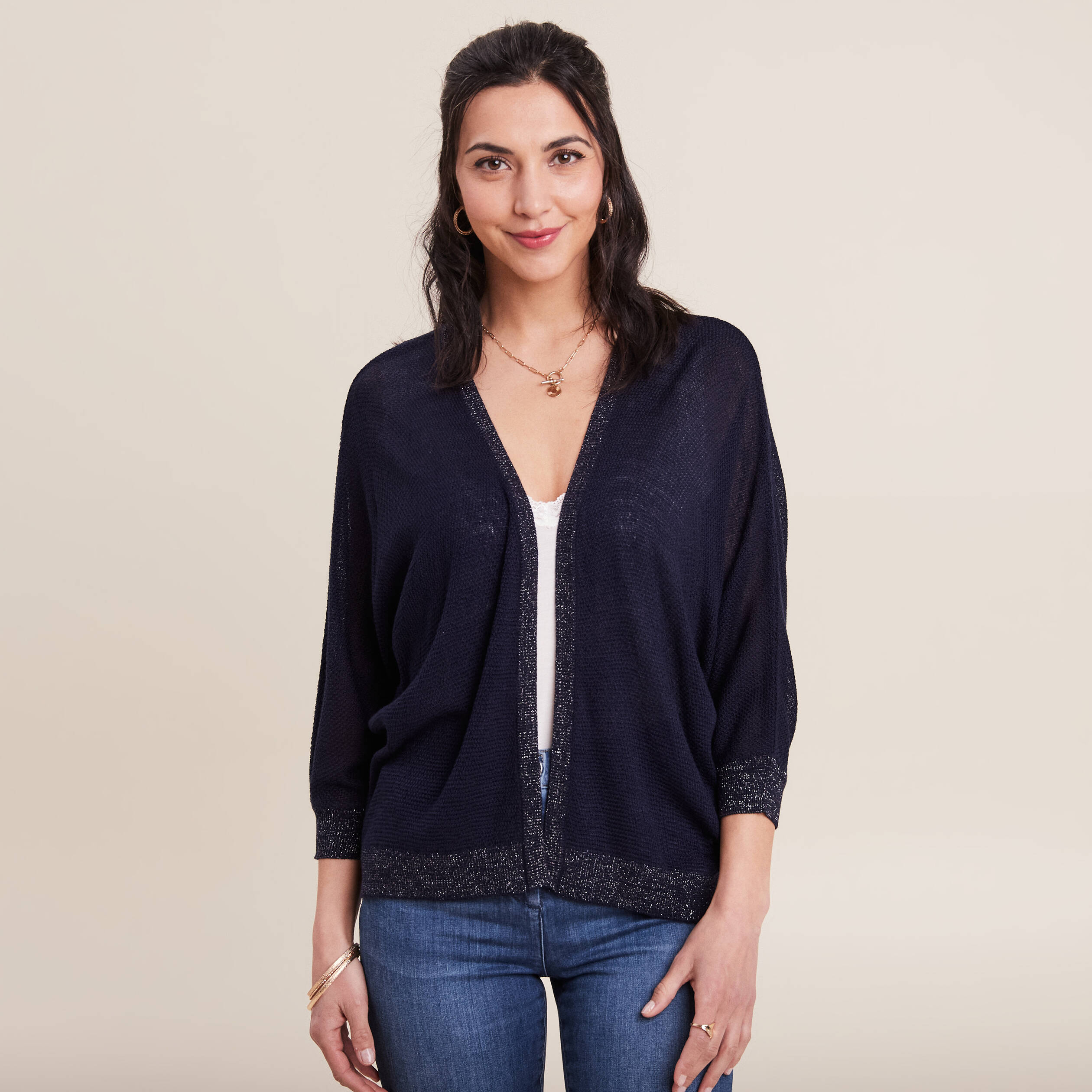 Gilet manches 3/4 bleu marine femme