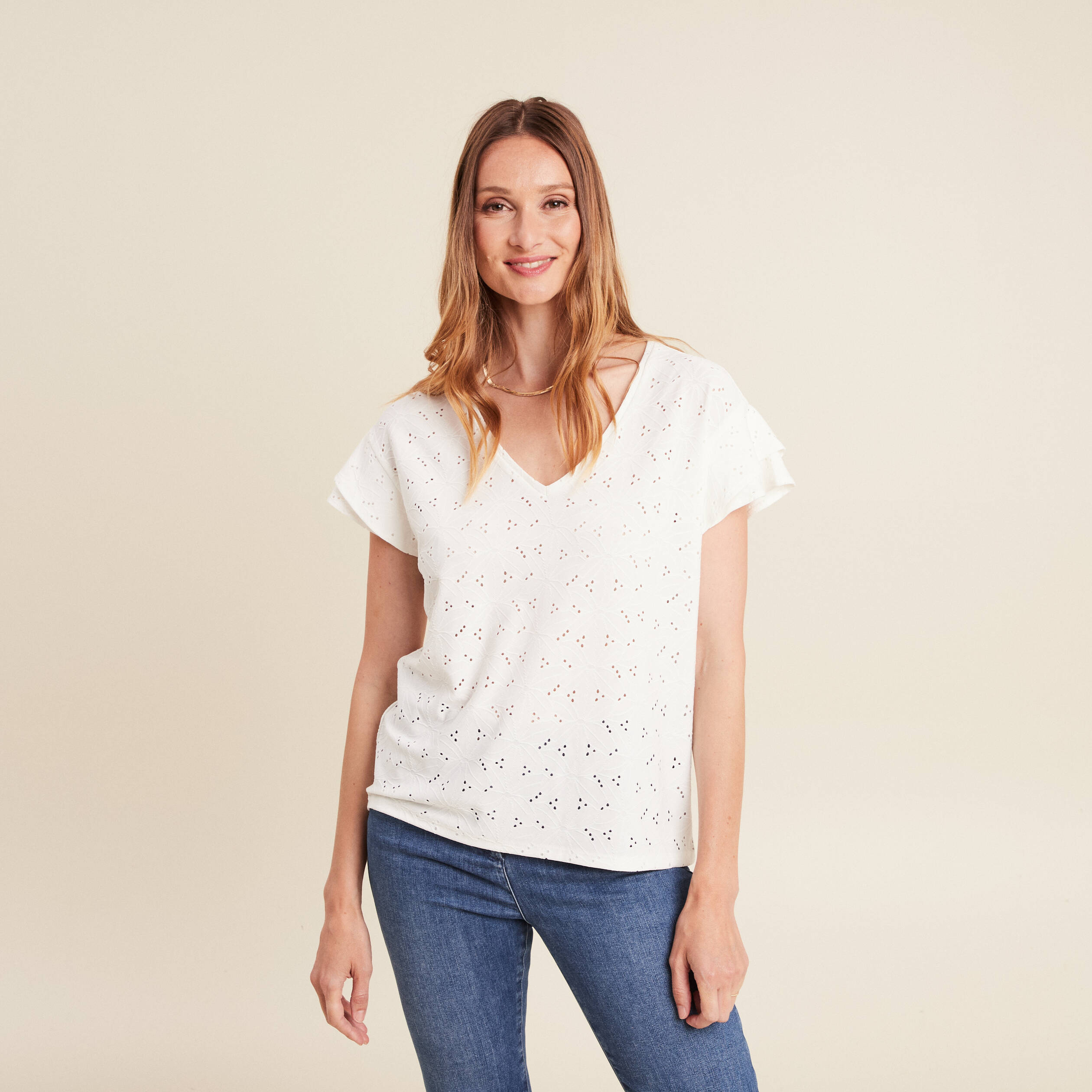 t shirt cintre col v ecru femme T-shirt cintré col V ecru femme