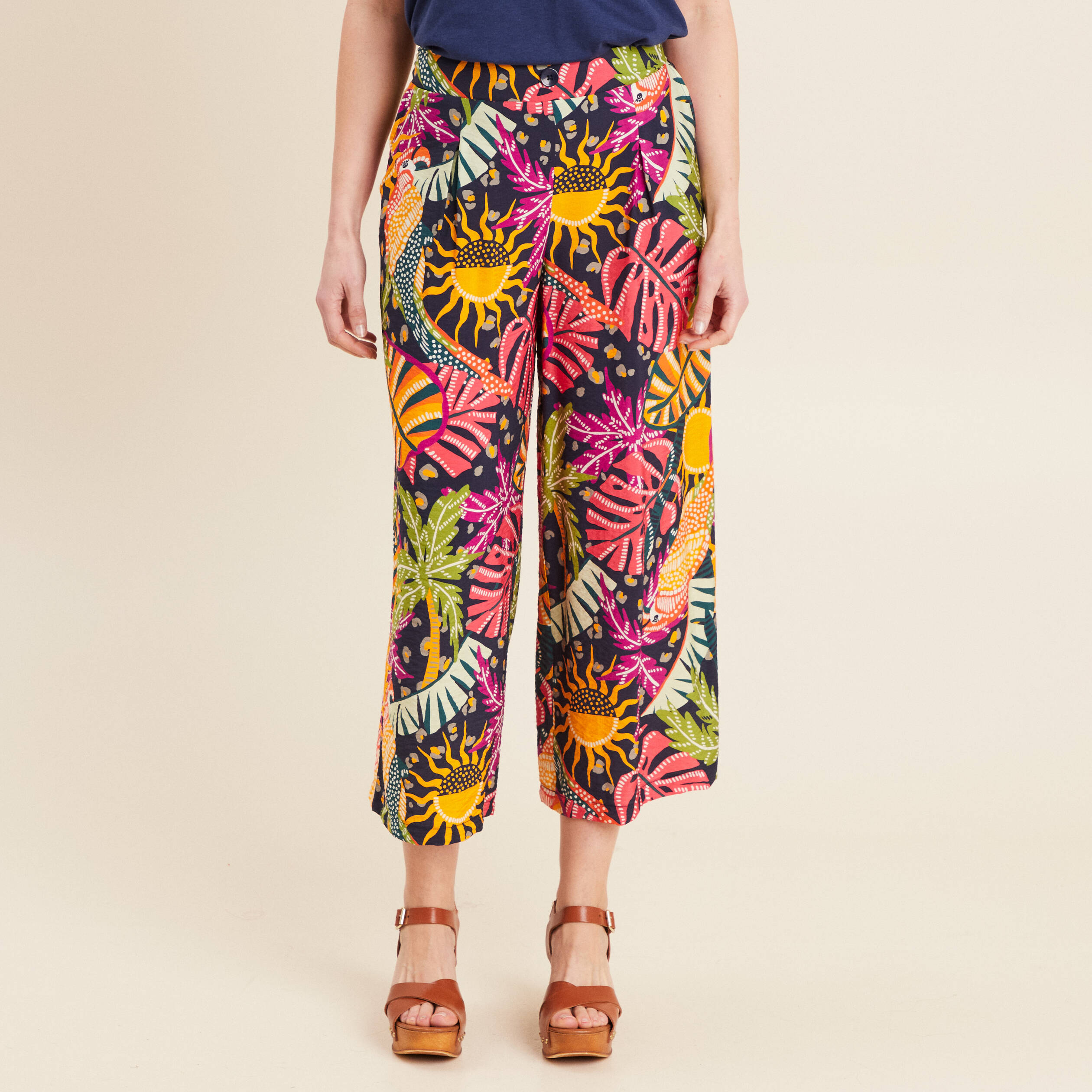 Pantalon flou large 7/8ème multicolore femme