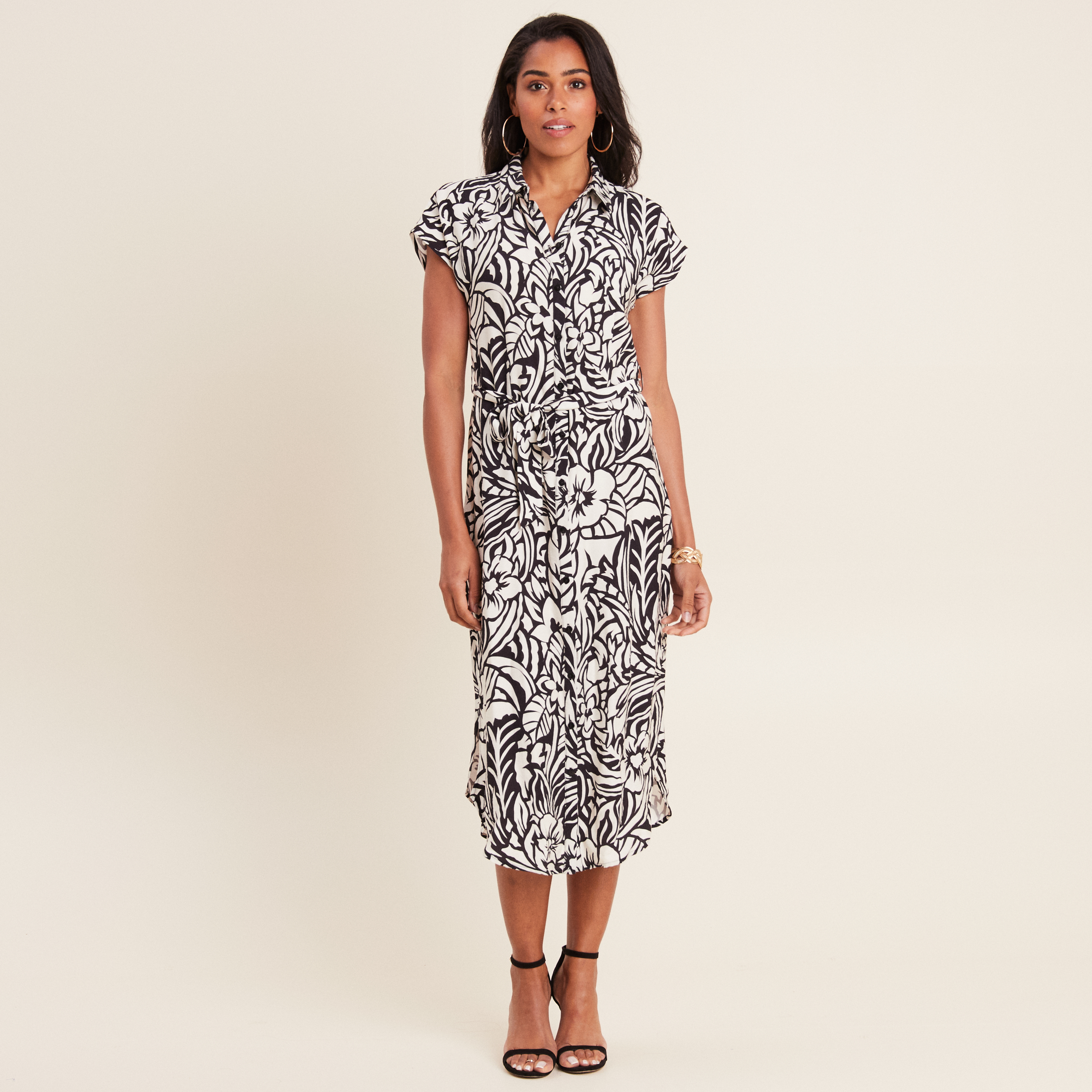 Robe chemise midi ceinturée noir femme