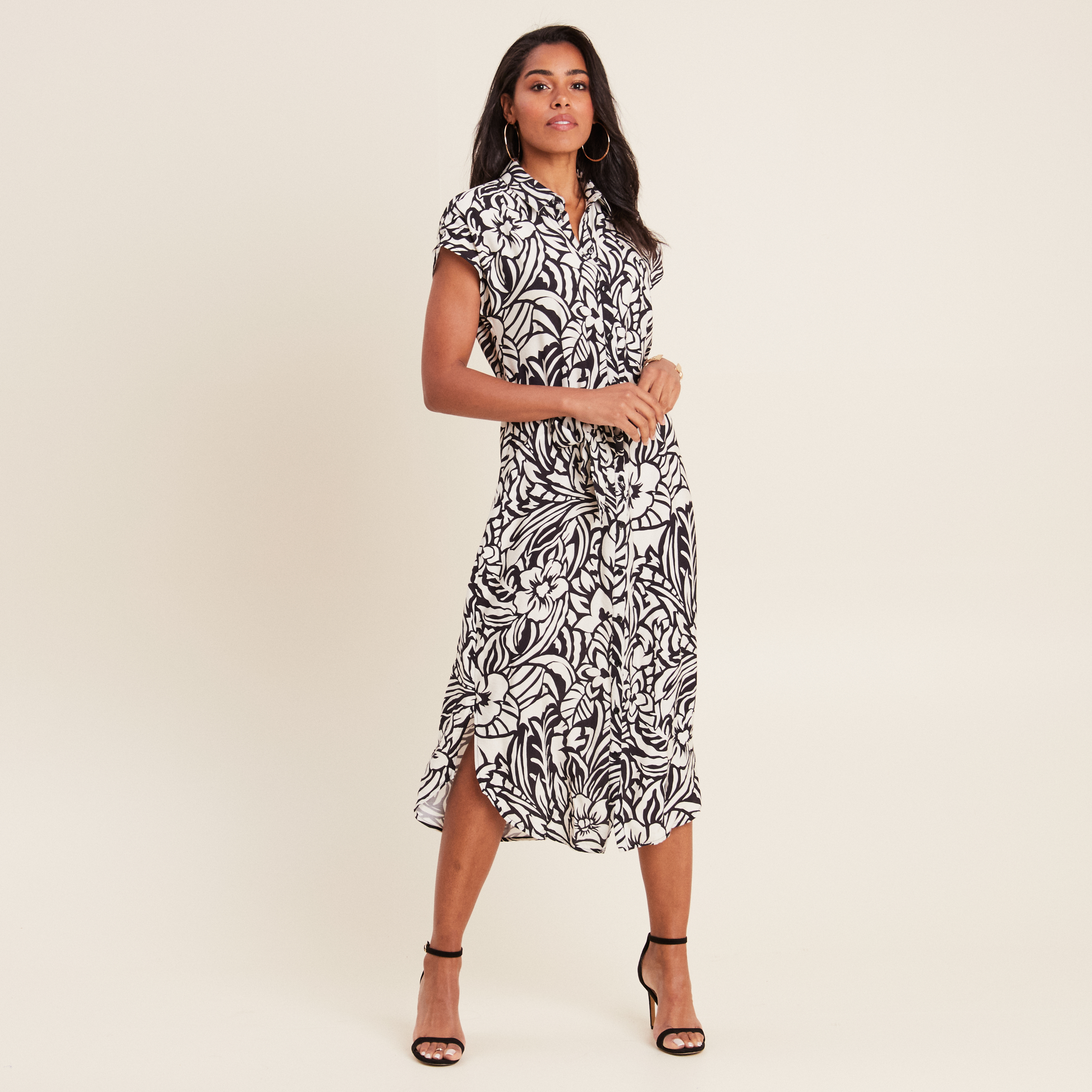 Robe chemise midi ceinturée noir femme
