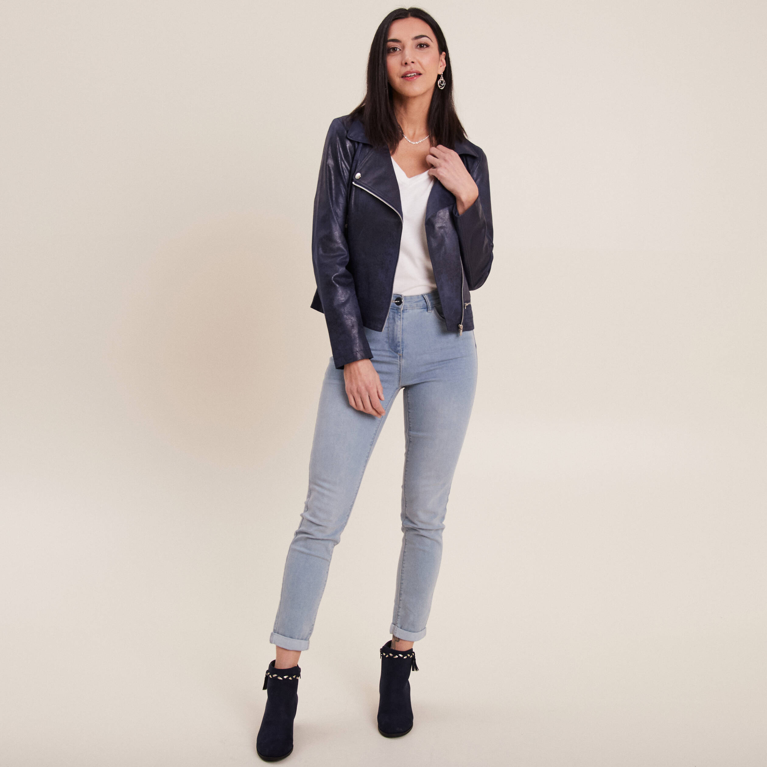 veste esprit motard zippee bleu fonce femme Veste esprit motard zippée bleu foncé femme